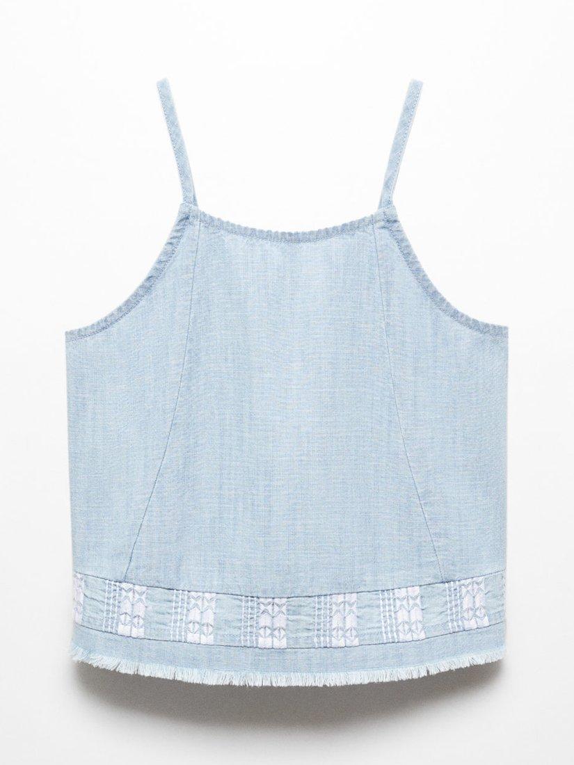 Mango Kids' Bea Embroidered Fringed Vest Top, Open Blue