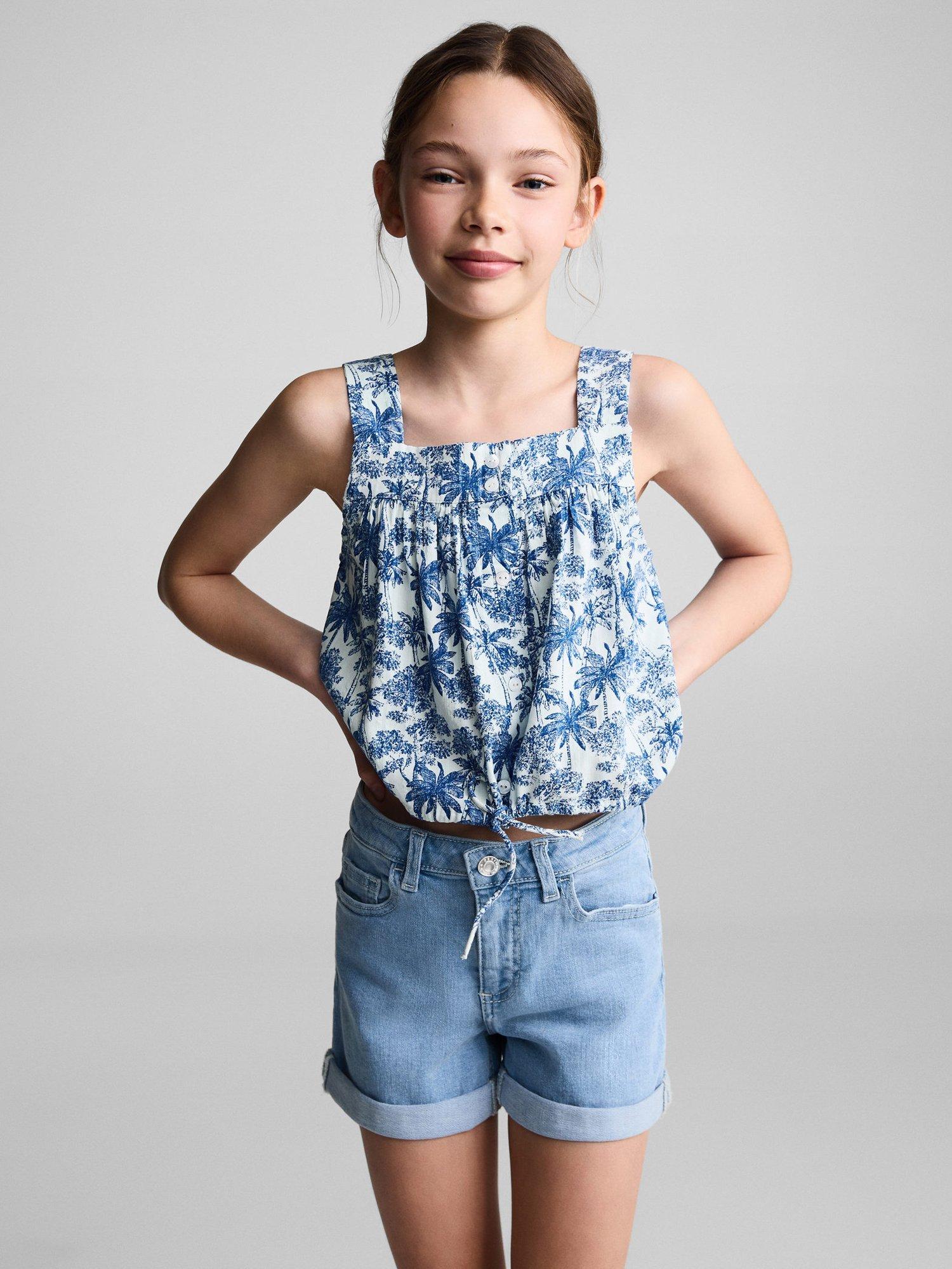 Mango Kids' Chip Denim Turn Up Shorts, Open Blue