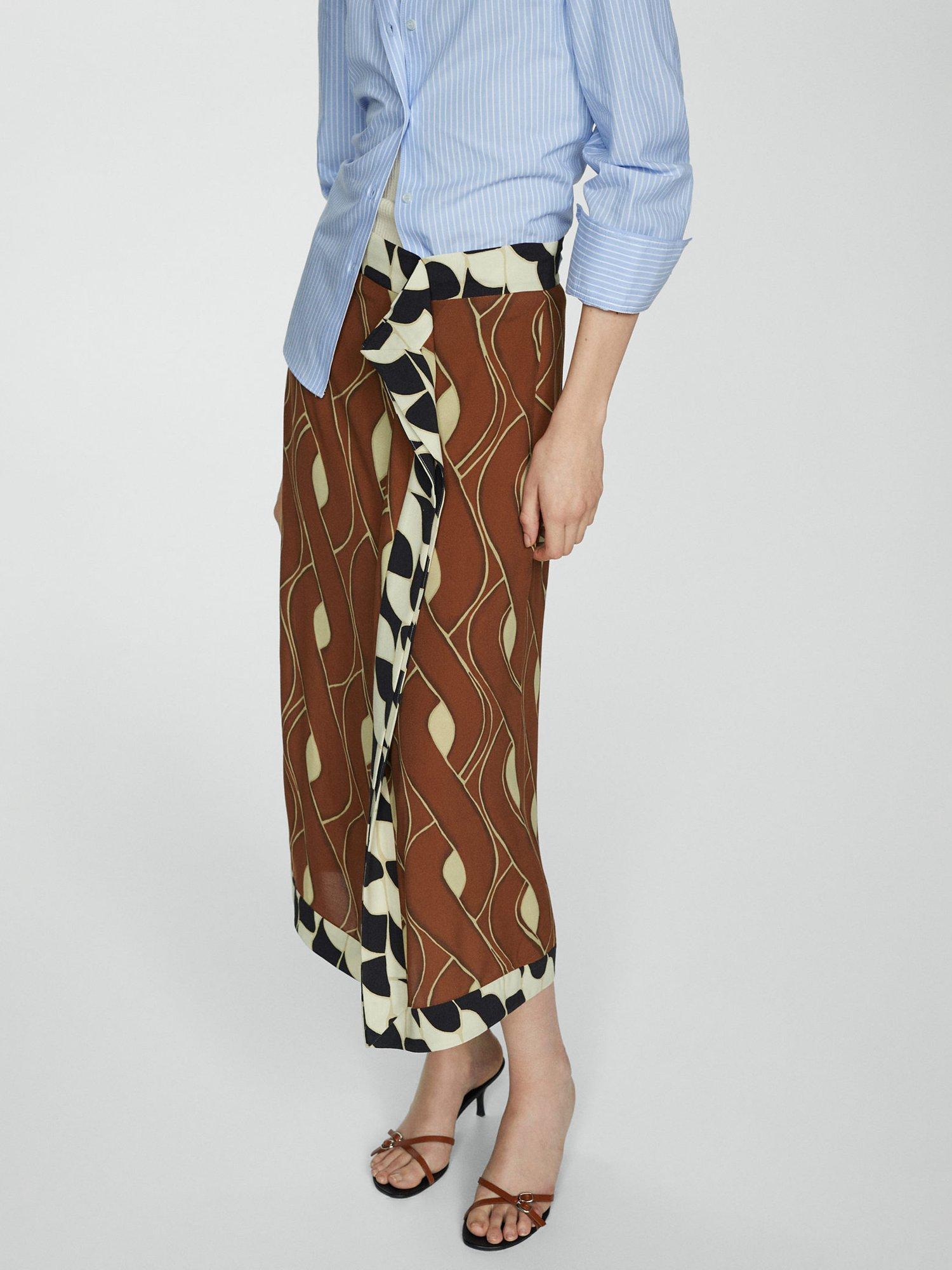 Mango Cumbia Abstract Print Midi Skirt, Brown/Multi