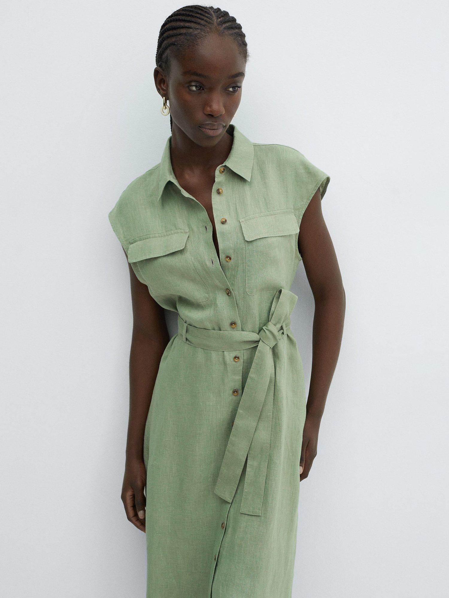 Mango Quito Linen Shirt Midi Dress Green 20