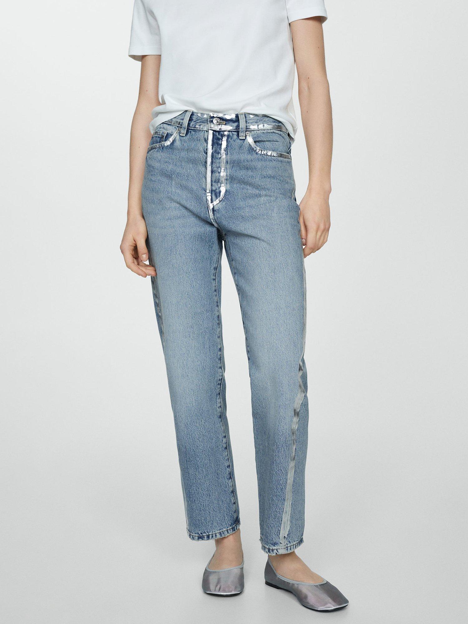 Mango Nicola Foil Detail Straight Leg Jeans, Blue