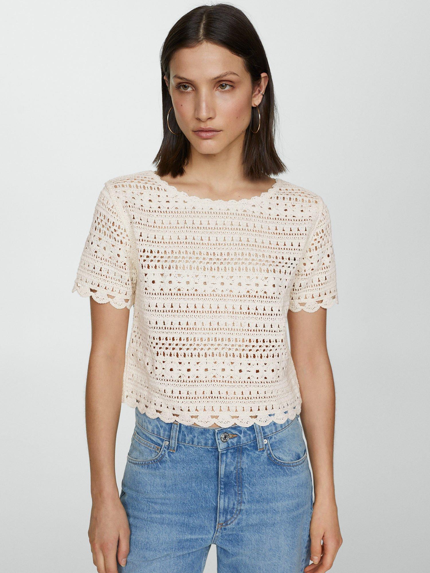 Mango Pakito Crochet Top, Light Beige