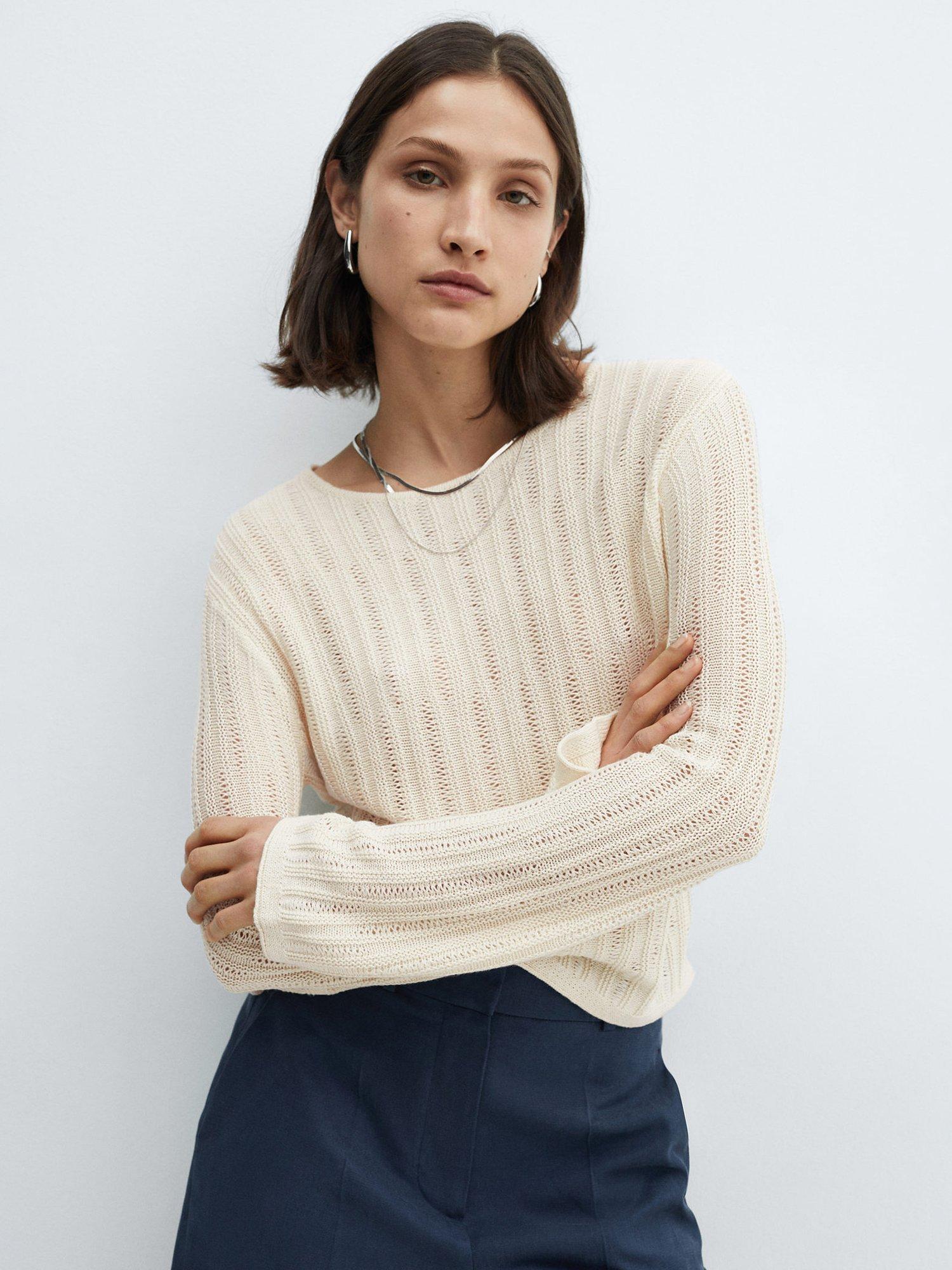 Mango Tierra Flared Sleeve Linen Blend Jumper, Cream