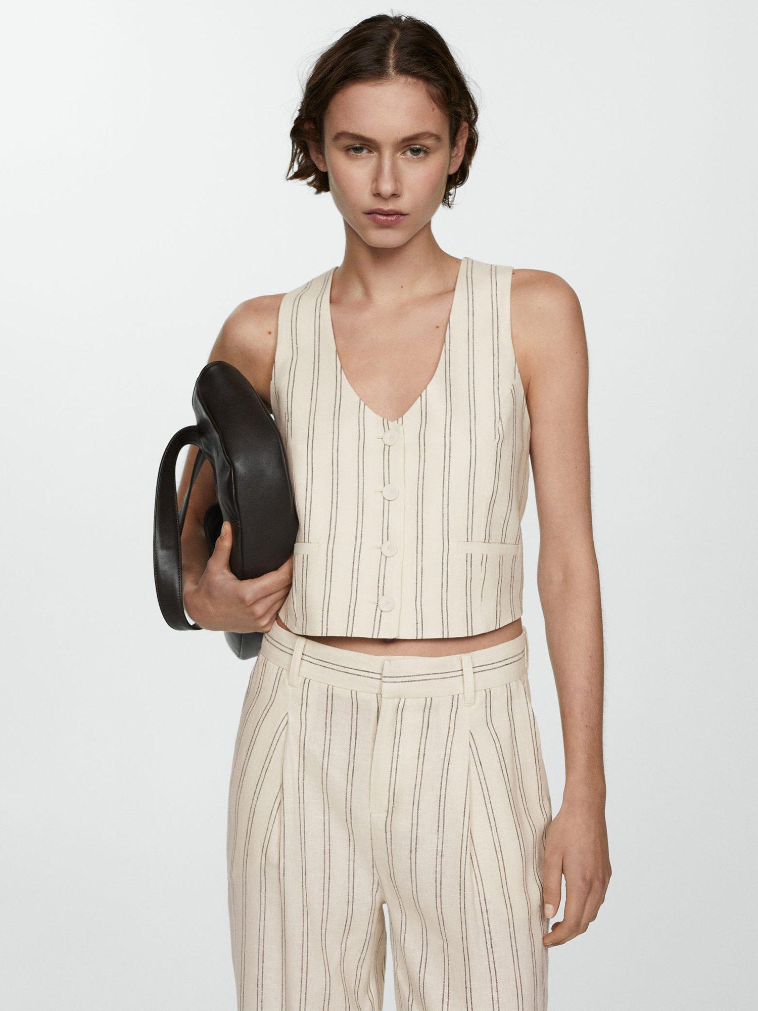 Mango Stripe Linen Blend Waistcoat, Light Beige