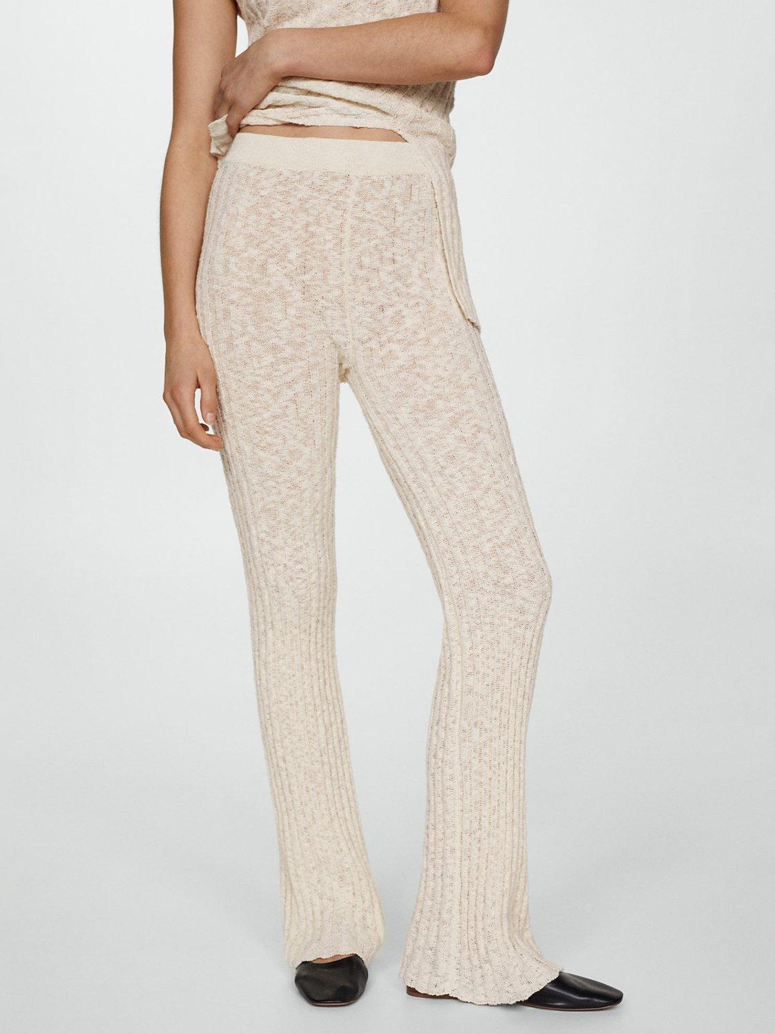 Mango Nicole Rib Knit Flared Trousers, Cream