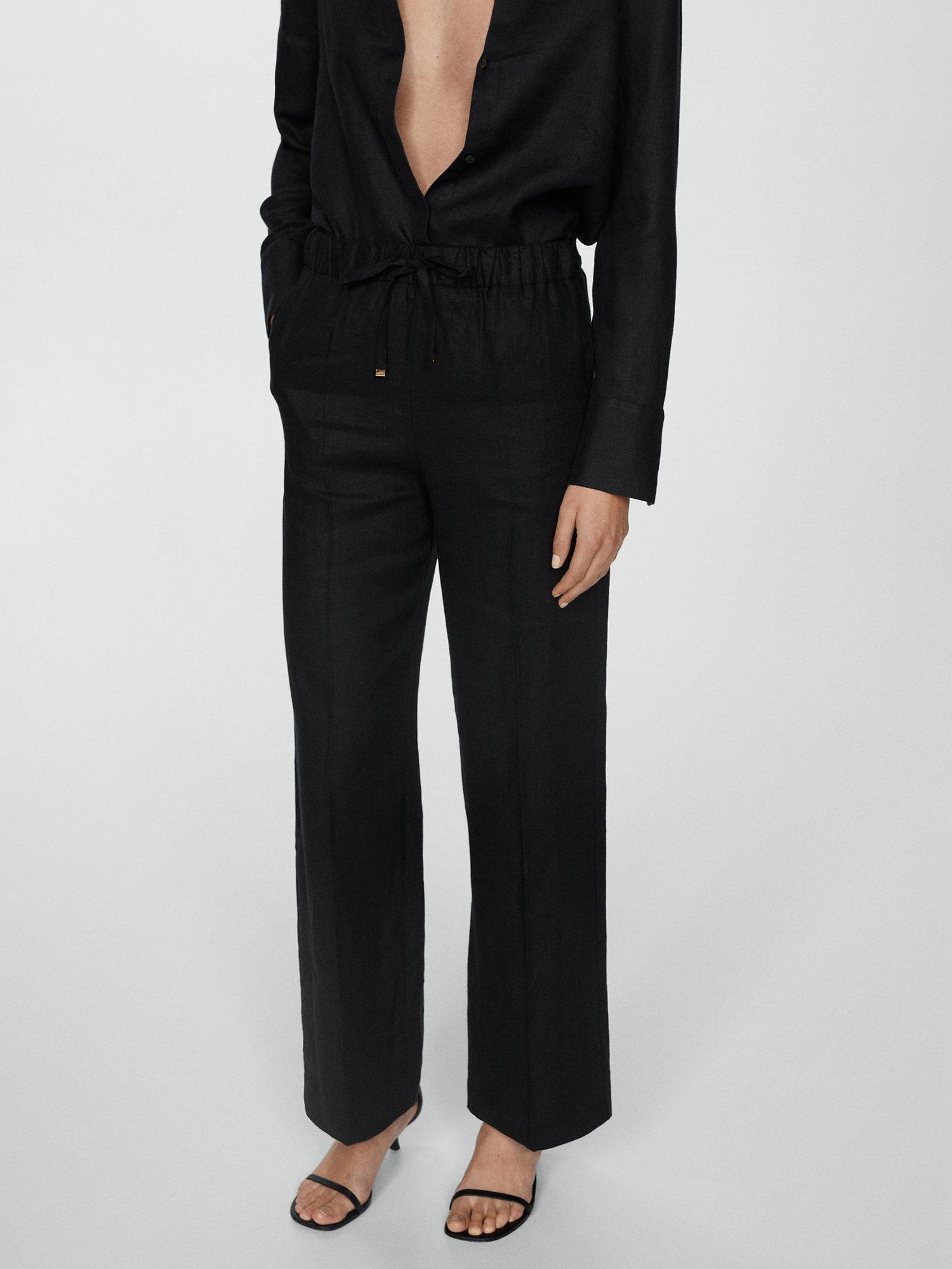 Mango Samara Straight Leg Linen Trousers, Black