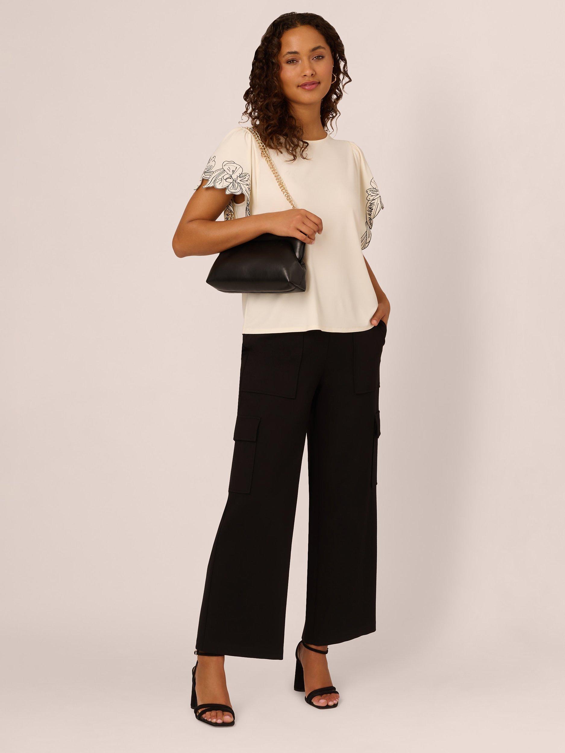 Product image 3 of 7, which shows Adrianna Papell Floral Embroidered Sleeve Top, Cream/Black, XS