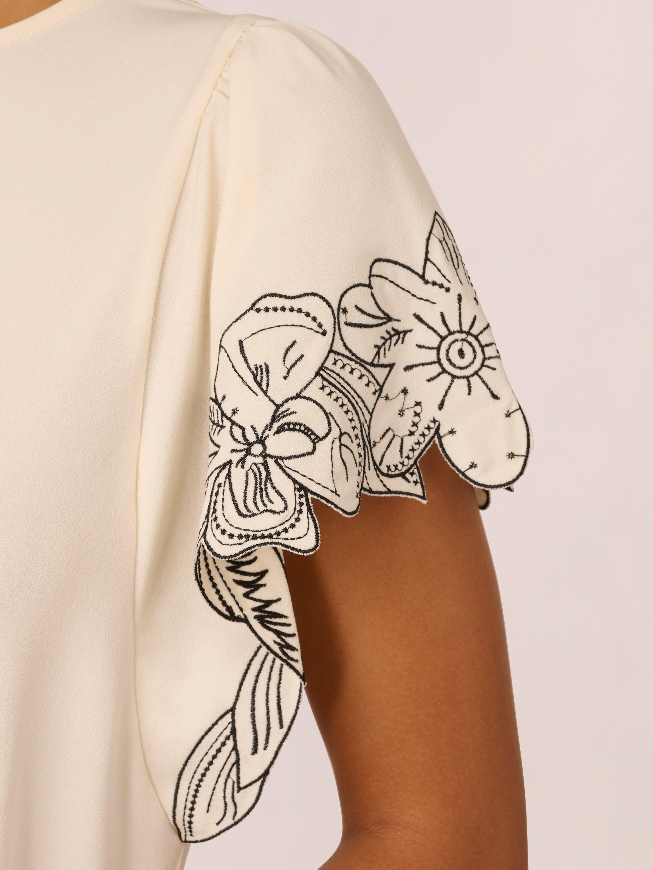 Product image 5 of 7, which shows Adrianna Papell Floral Embroidered Sleeve Top, Cream/Black, XS