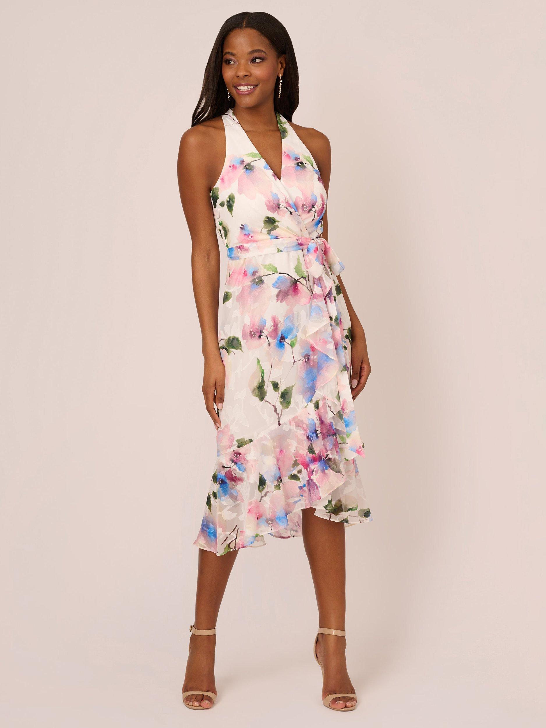 Adrianna Papell Floral High Low Dress Ivory Pink Multi