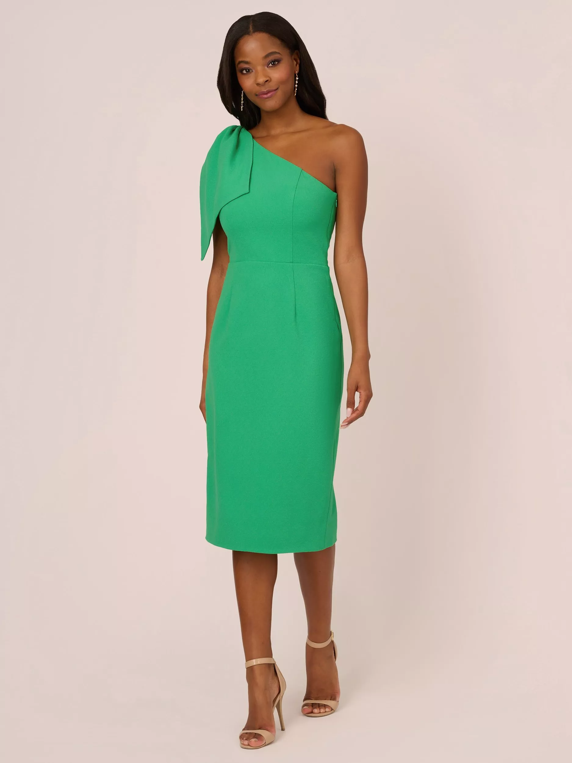 Adrianna Papell Crepe Asymmetric Bow Midi Dress Summer Green