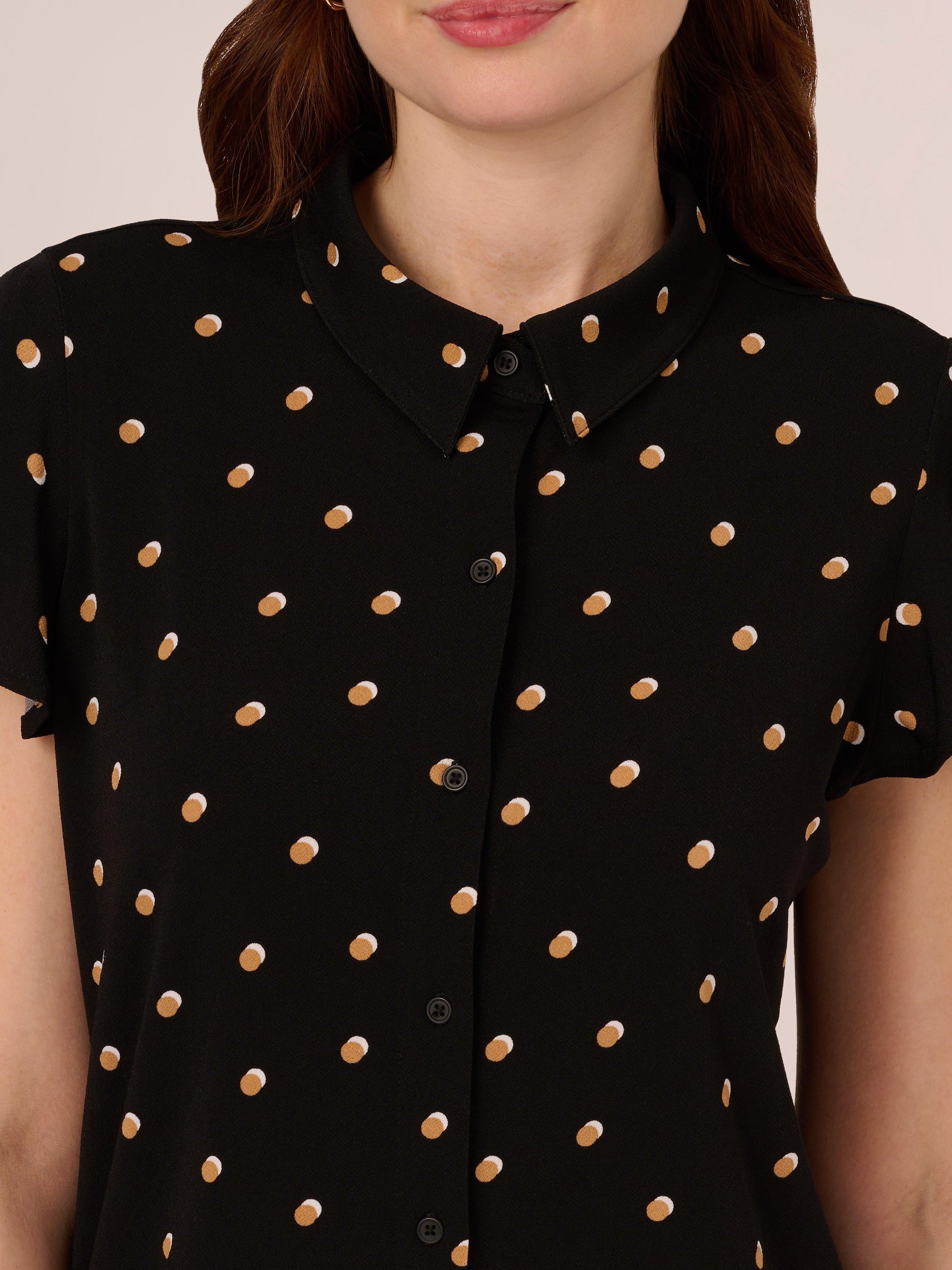 Product image 4 of 7, which shows Adrianna Papell Flutter Sleeve Button Up Top, Black/Khaki, S