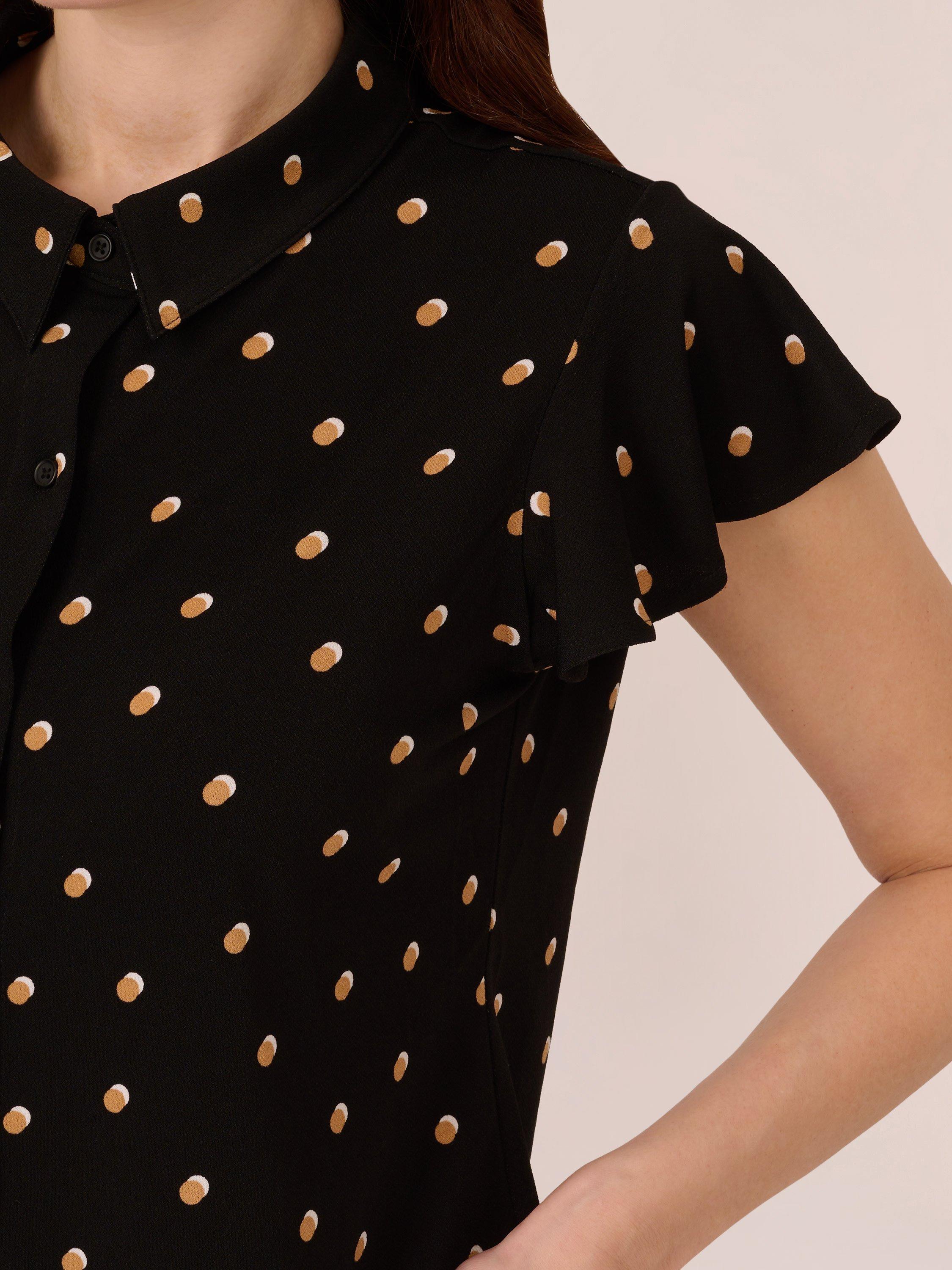 Product image 5 of 7, which shows Adrianna Papell Flutter Sleeve Button Up Top, Black/Khaki, S