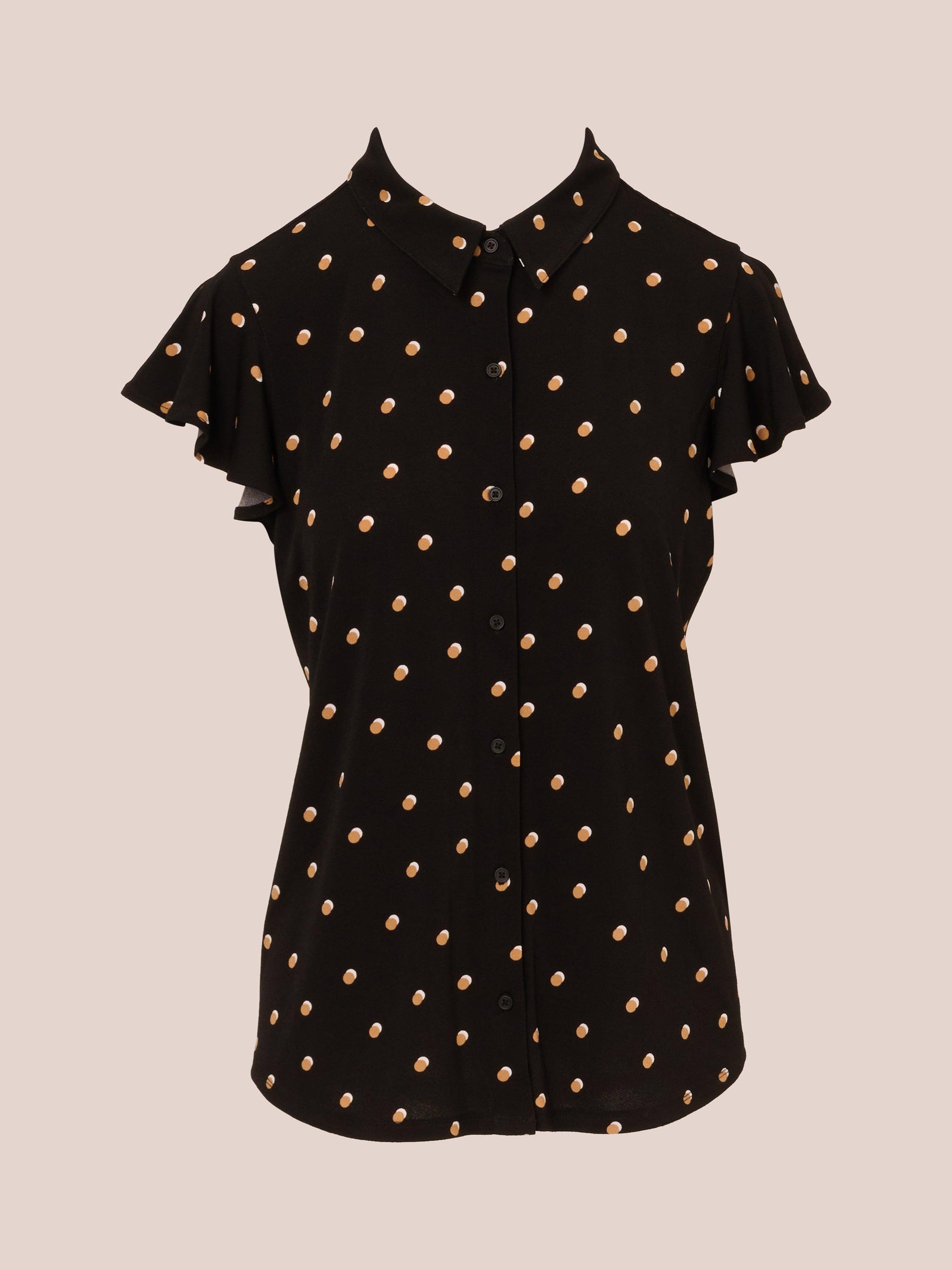 Product image 6 of 7, which shows Adrianna Papell Flutter Sleeve Button Up Top, Black/Khaki, S