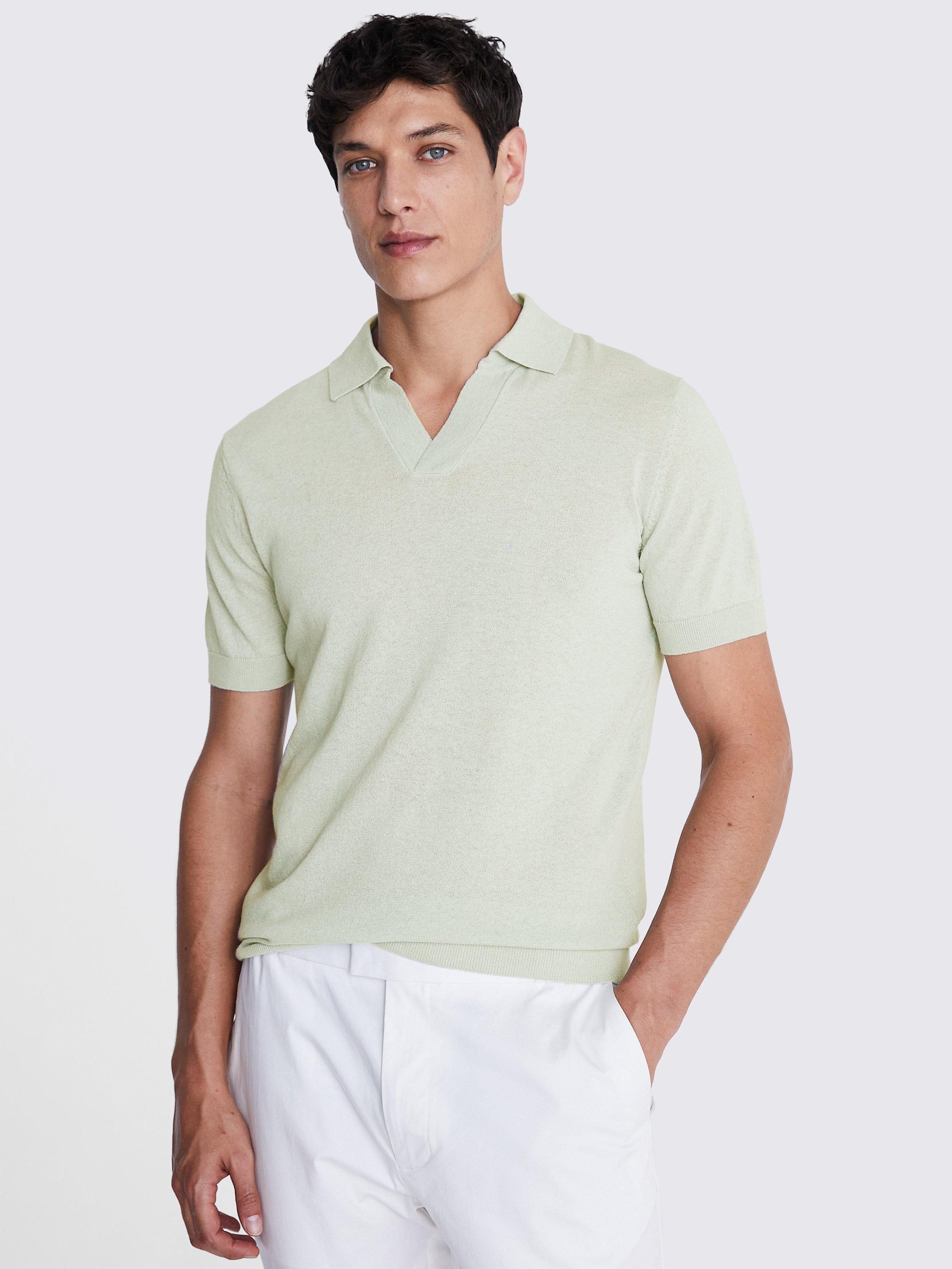 Moss Linen Blend Skipper Polo Top, Green