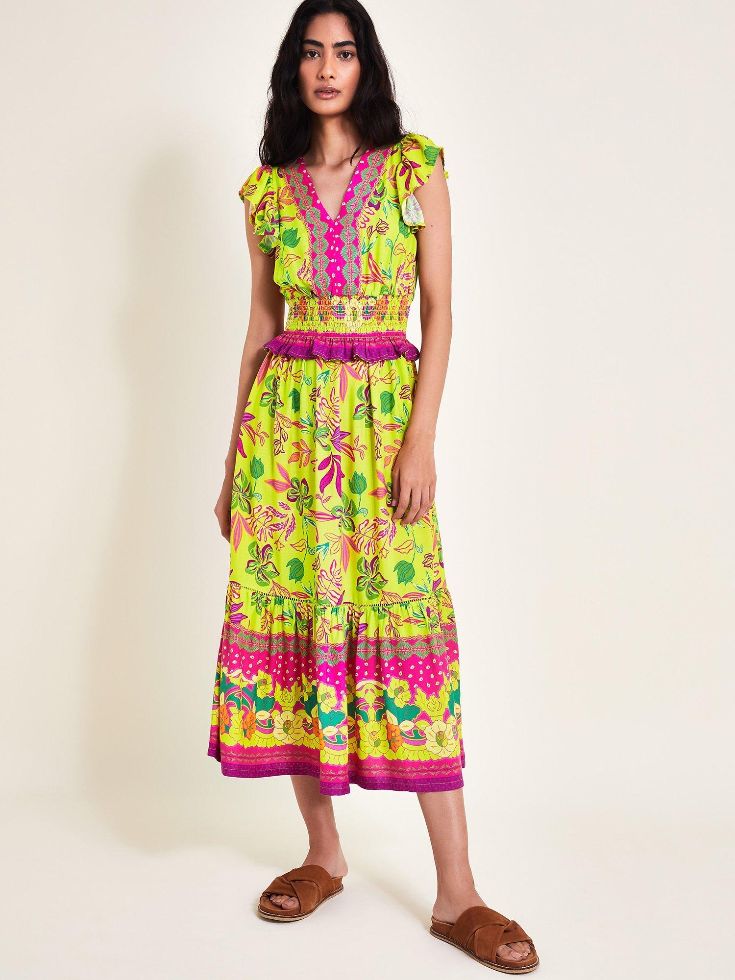 Monsoon Vita Floral Dress, Lime