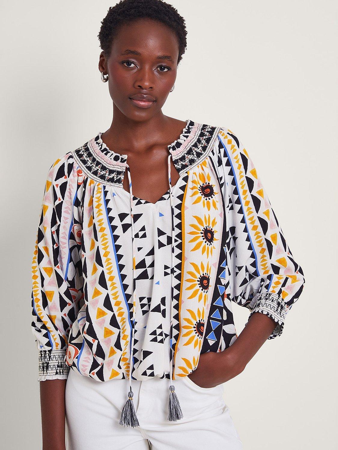 Monsoon Corey Abstract Print Bubble Hem Top, Ivory/Multi