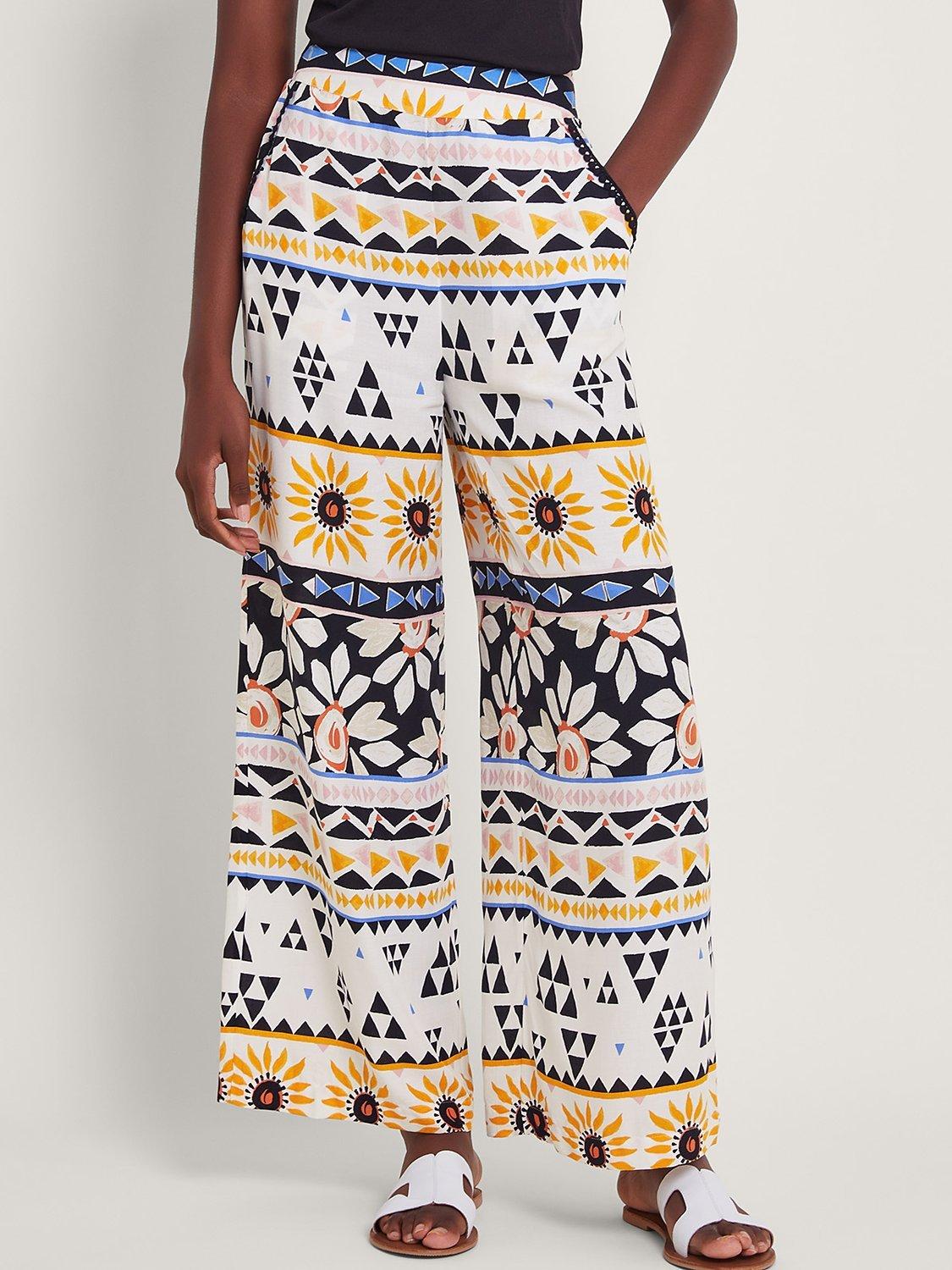 Monsoon Corey Abstract Print Wide Leg Trousers, Ivory/Multi, Ivory