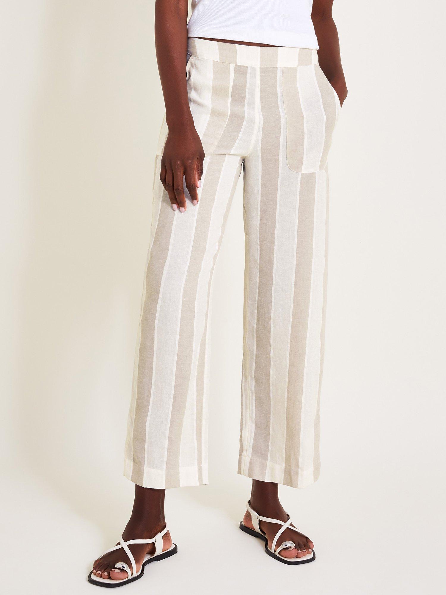 Monsoon Harley Stripe Linen Blend Trousers, Cream/Multi