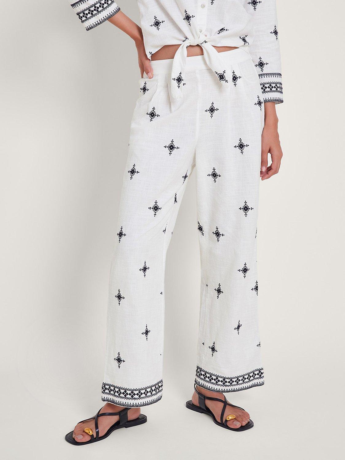 Monsoon Eleanor Embroidered Trousers, Ivory