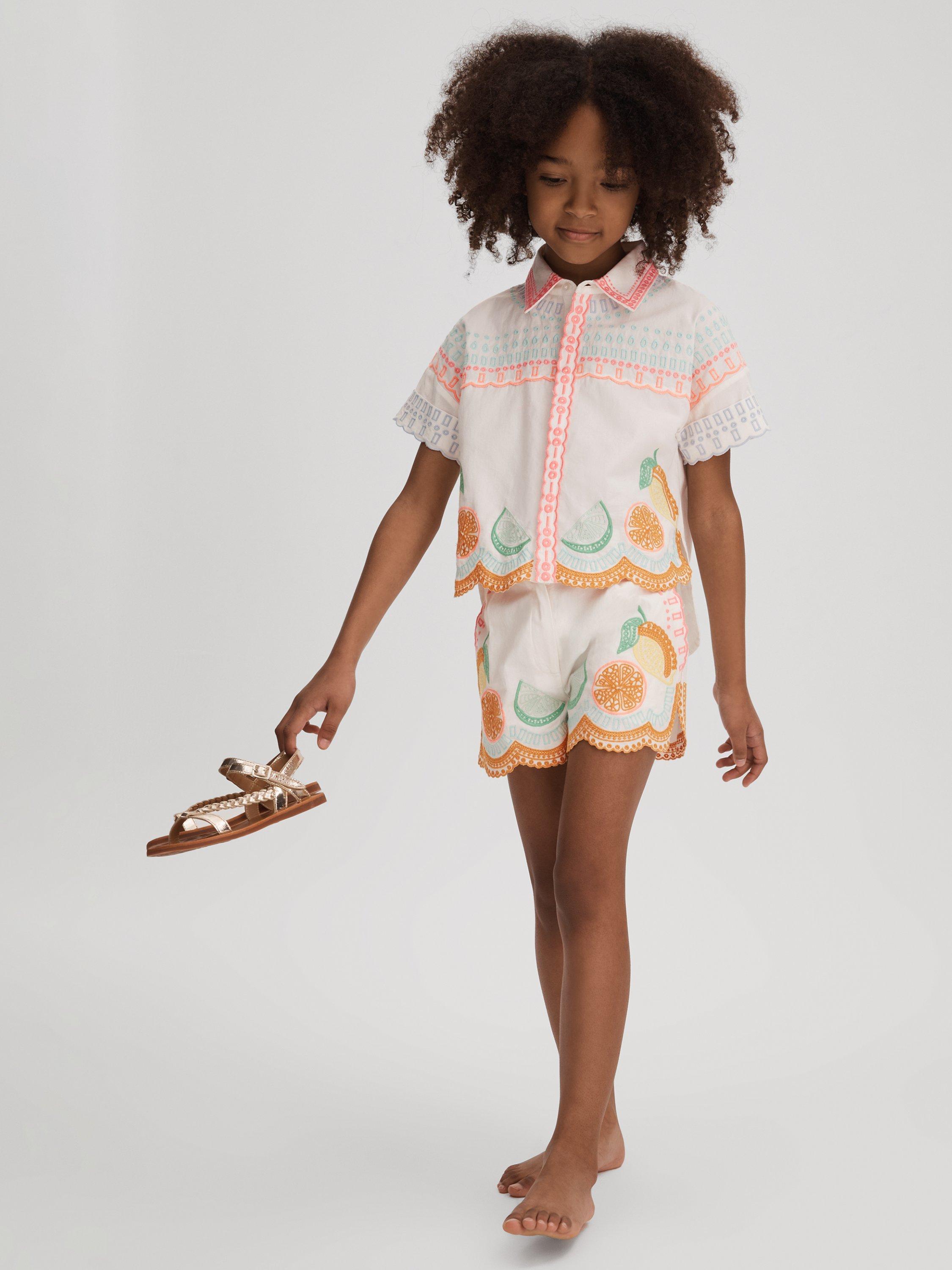 Reiss Kids' Cesca Broderie Fruit Shirt, Ivory