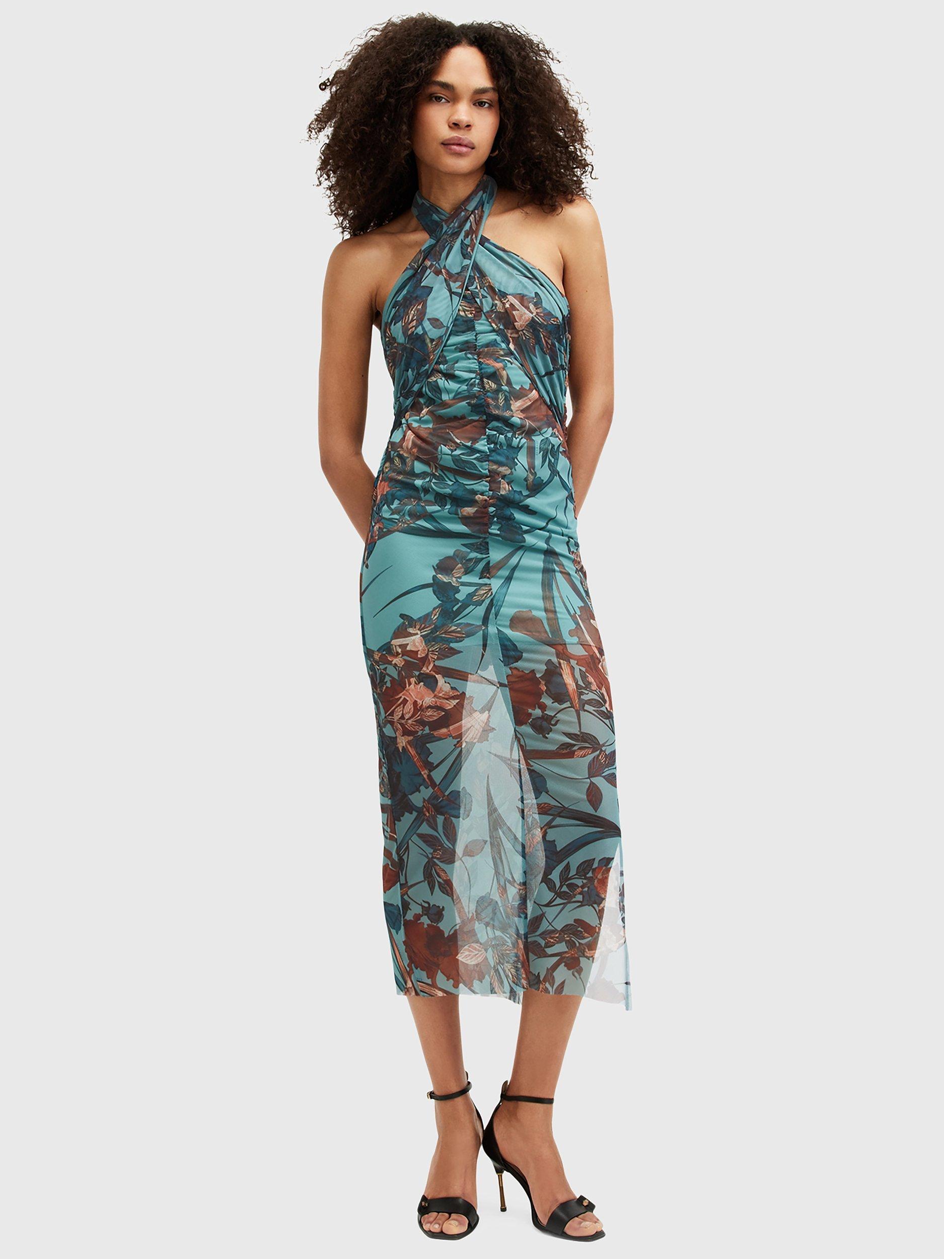 AllSaints Kaih Batu Halterneck Bodycon Midi Dress, Lagoon Blue