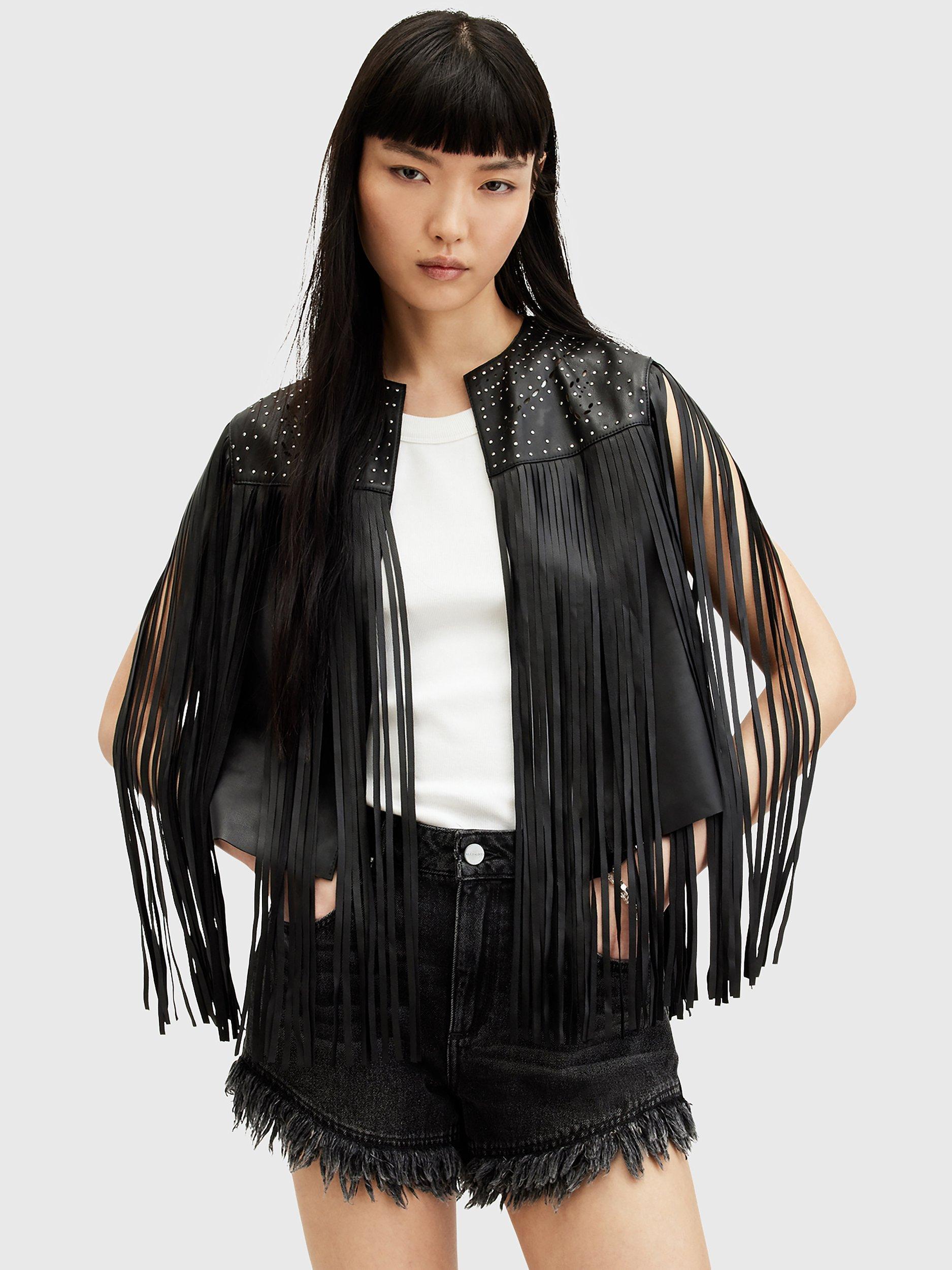 AllSaints Elias Astral Fringed Leather Gilet
