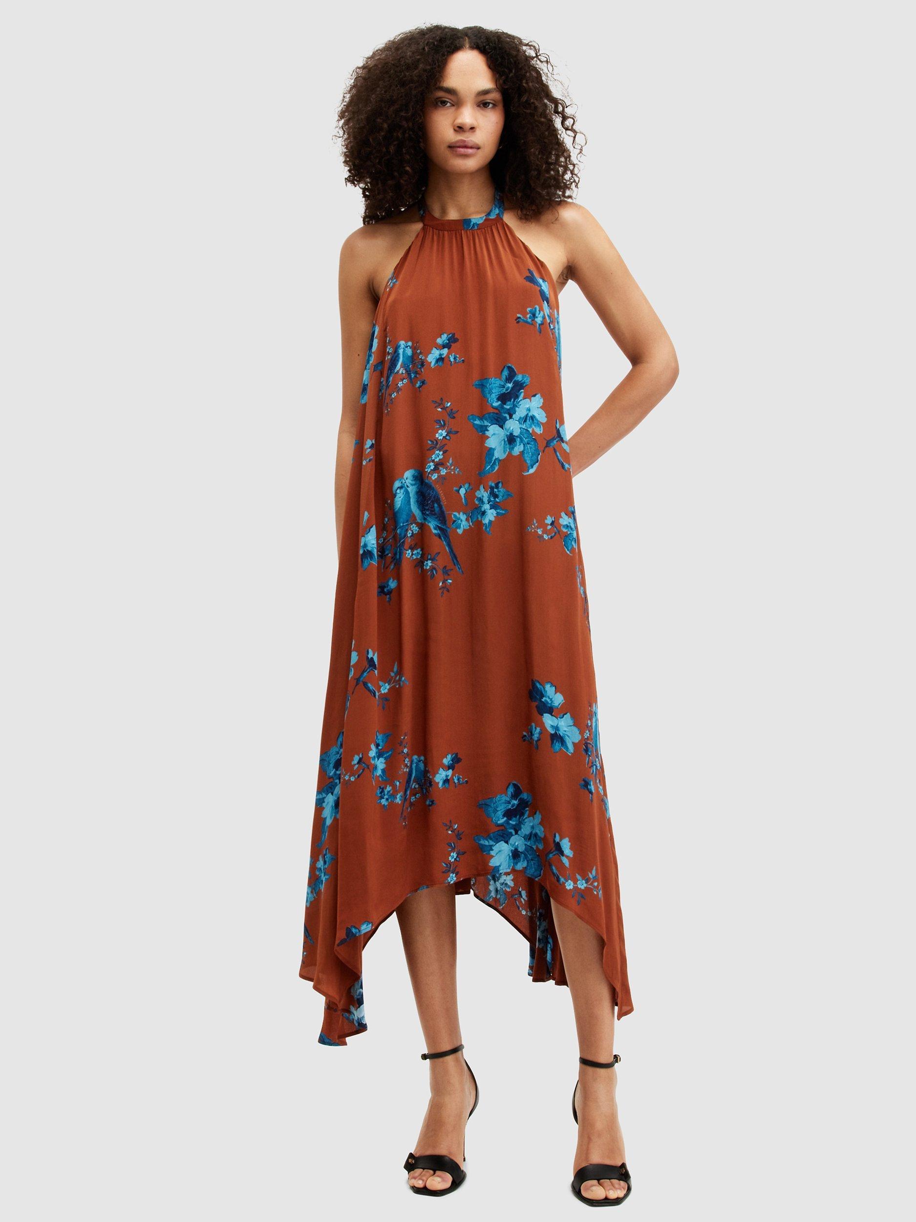 AllSaints Mysti Iona Halterneck Midi Dress, Rust Red