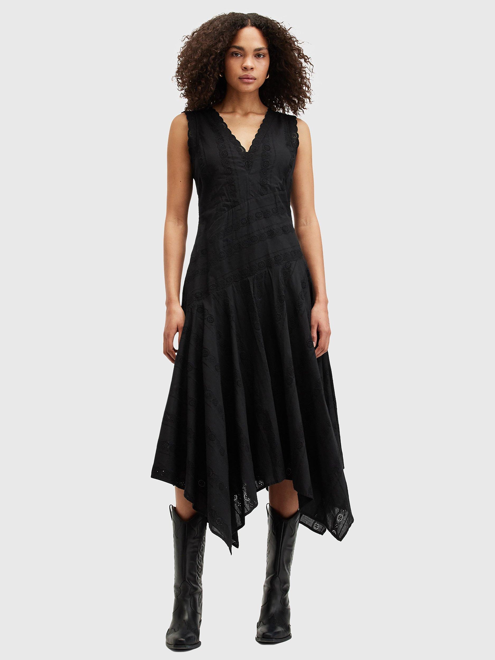 AllSaints Avania Cotton Broderie Midi Dress, Black
