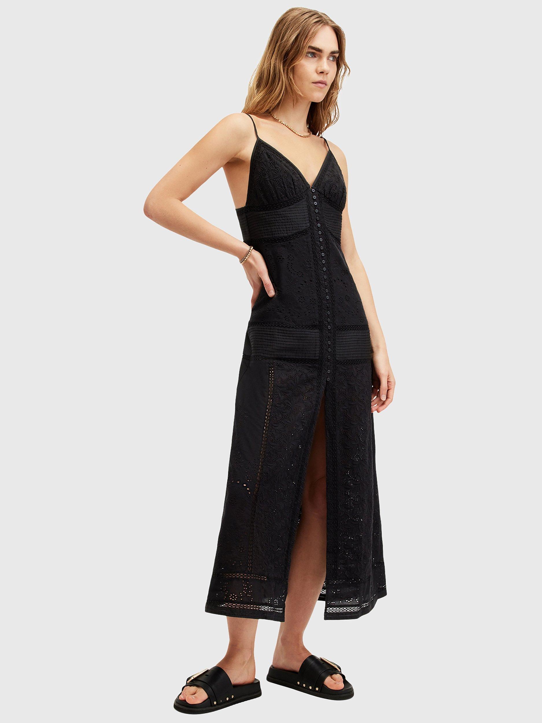 AllSaints Dahlia Embroidered Organic Cotton Blend Maxi Dress, Black