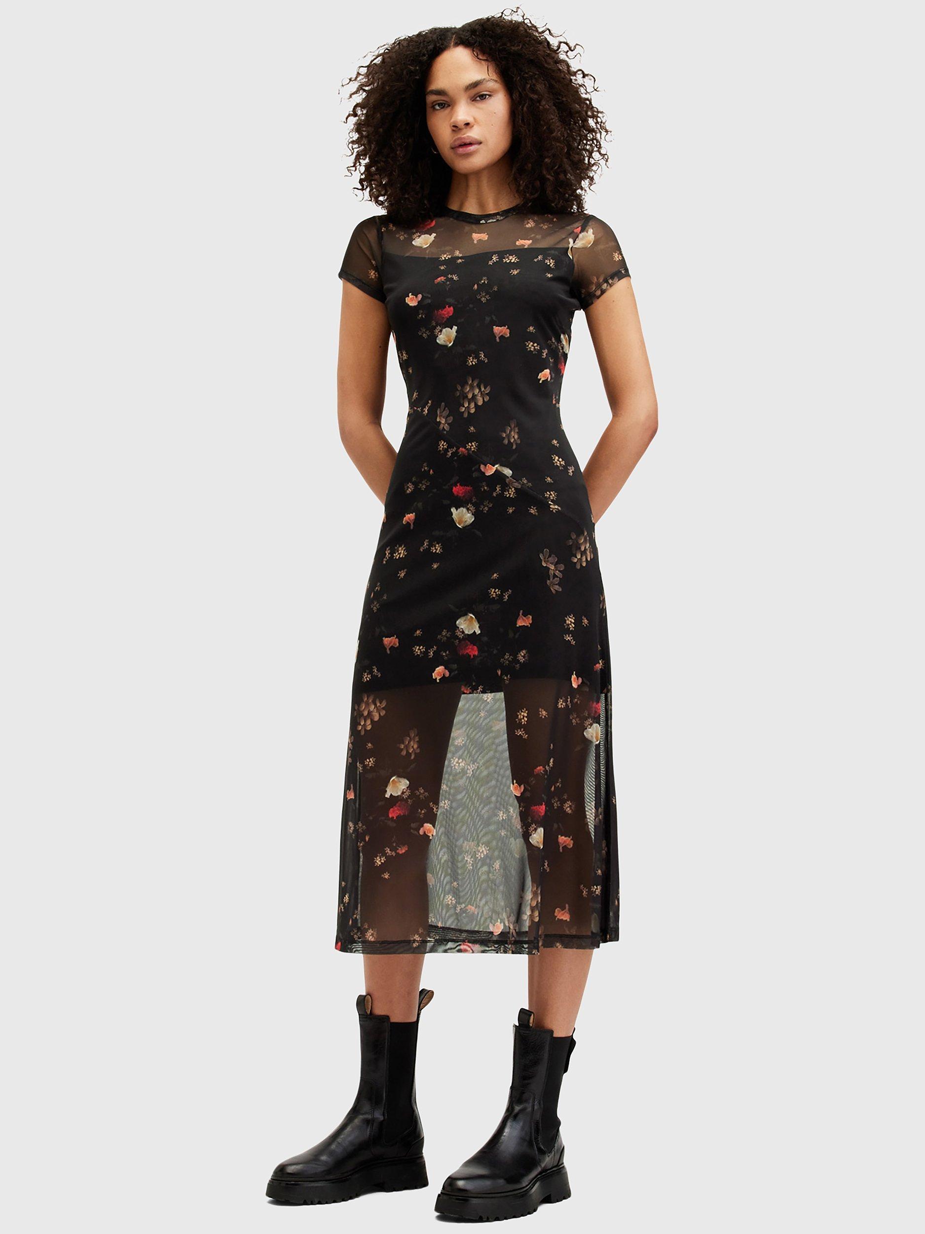 AllSaints Hanna Kora Floral Print Midi Dress, Black/Multi