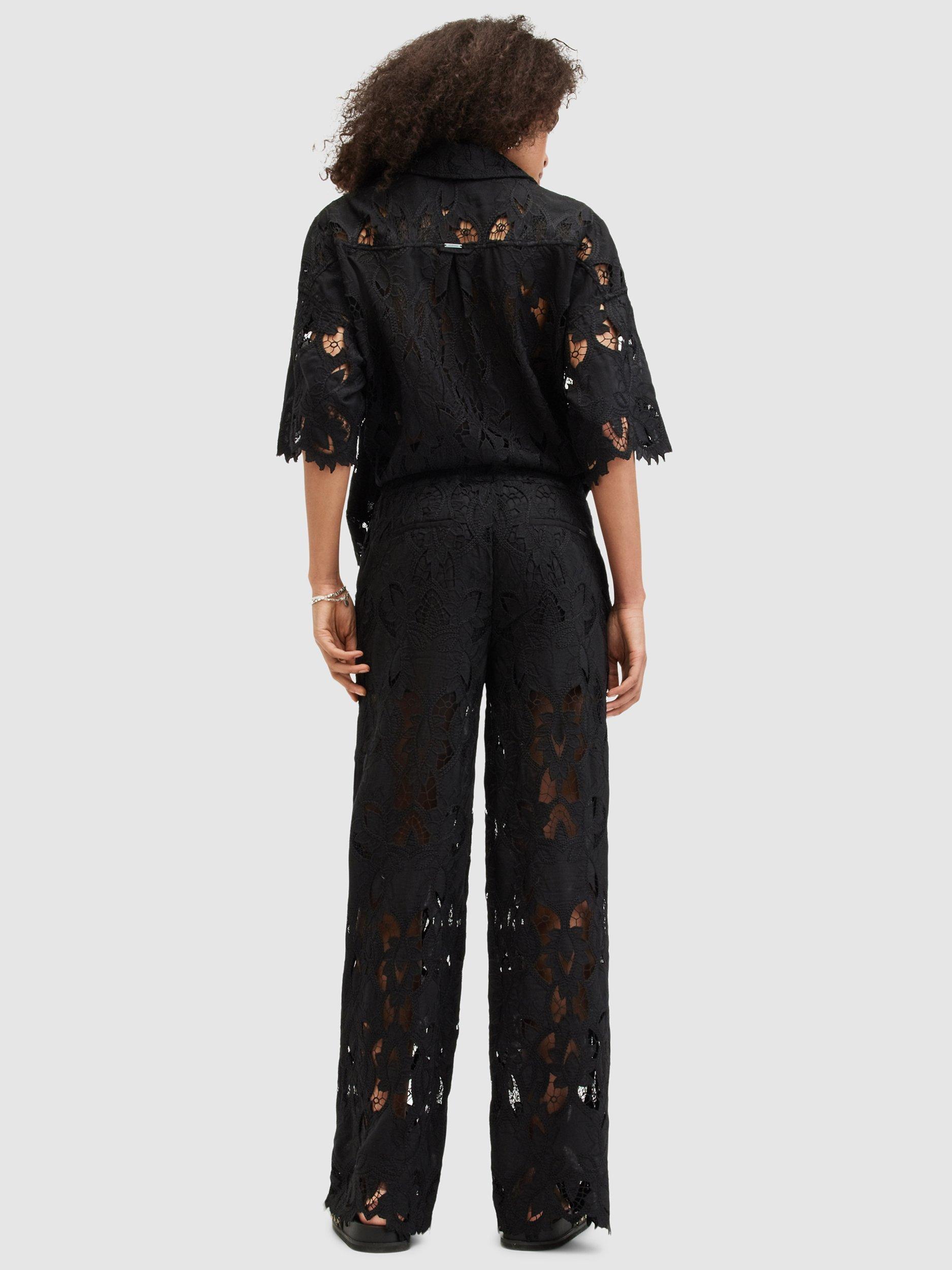 Product image 4 of 6, which shows AllSaints Charli Wide Leg Lace Trousers, Black, 10