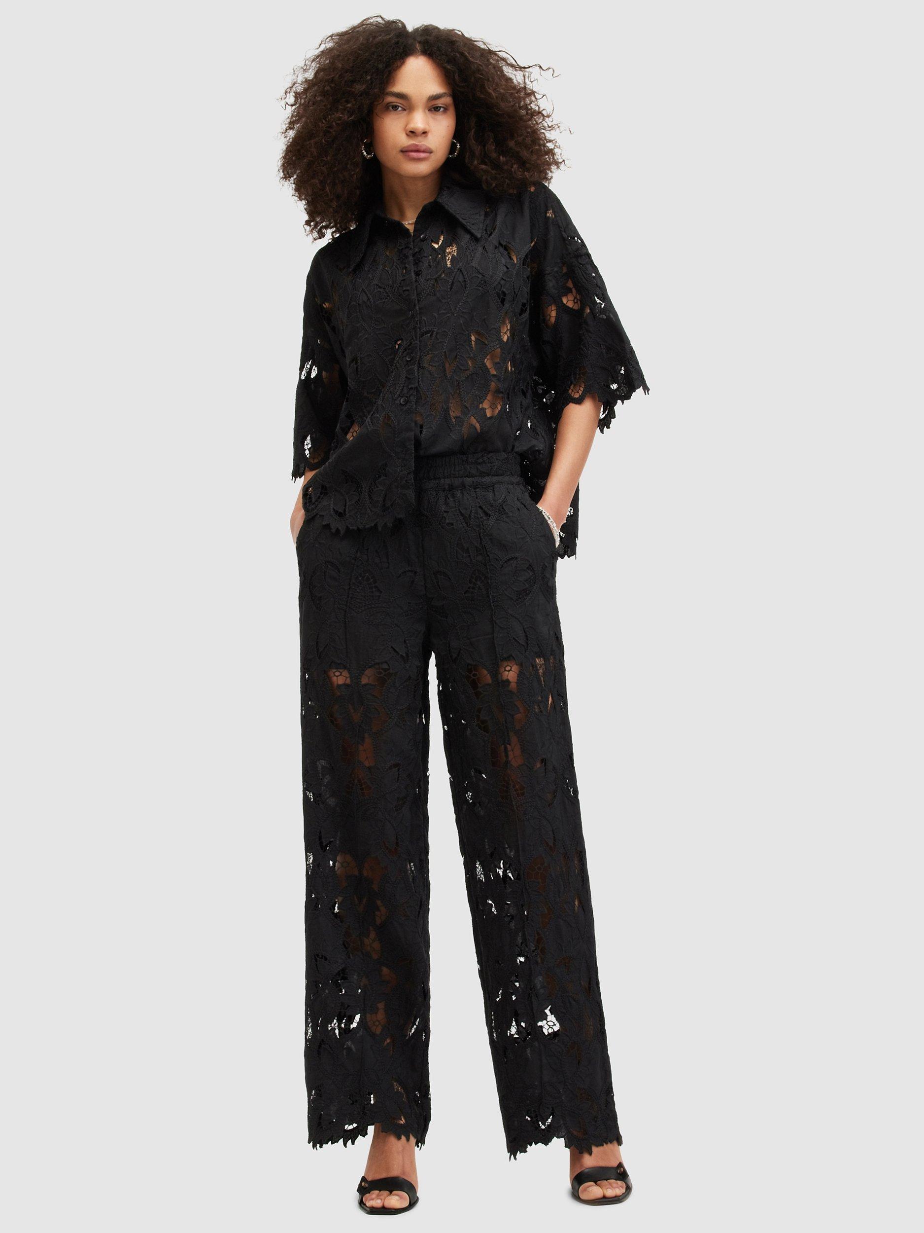 Product image 3 of 6, which shows AllSaints Charli Wide Leg Lace Trousers, Black, 10