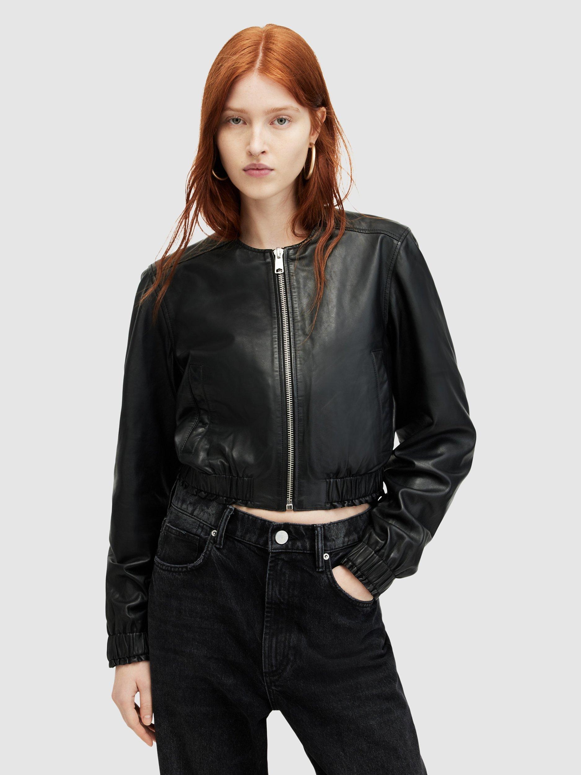 AllSaints Everly Leather Bomber Jacket, Black