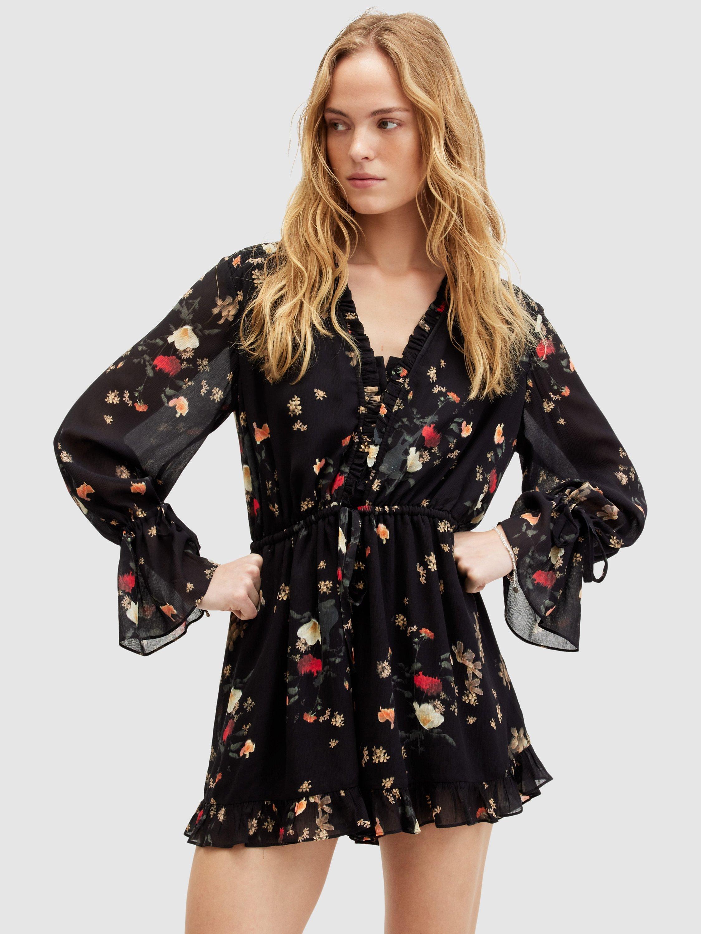 AllSaints Daria Kora Floral Print Relaxed Fit Playsuit, Black