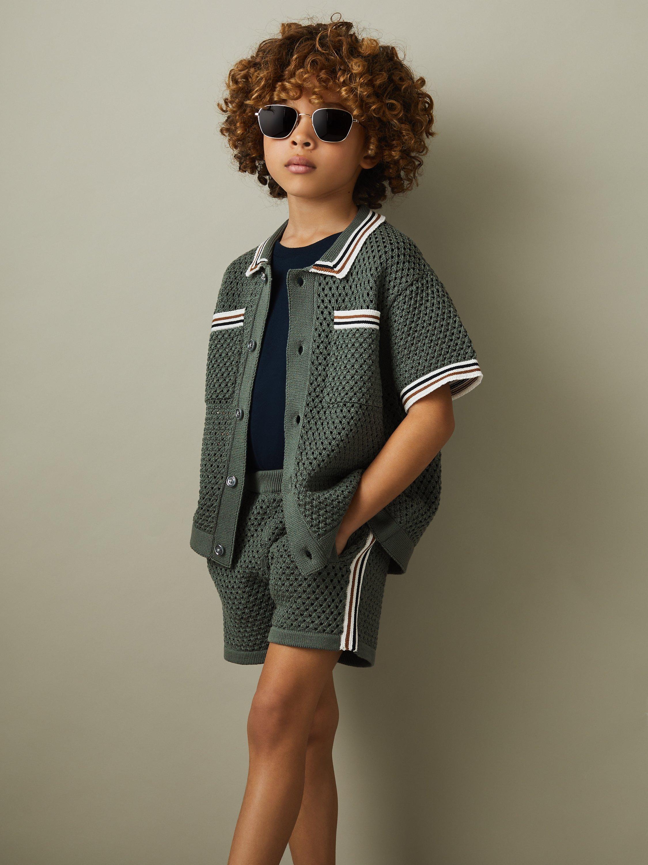 Reiss Kids' Coulson Crochet Contrast Trim Shirt, Dark Sage Green