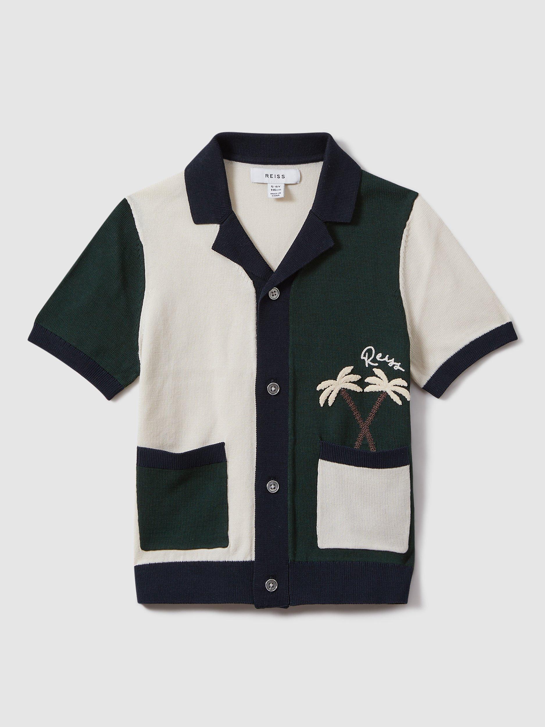 Reiss Kids' Ata Colourblock Cuban Shirt, Green Multi