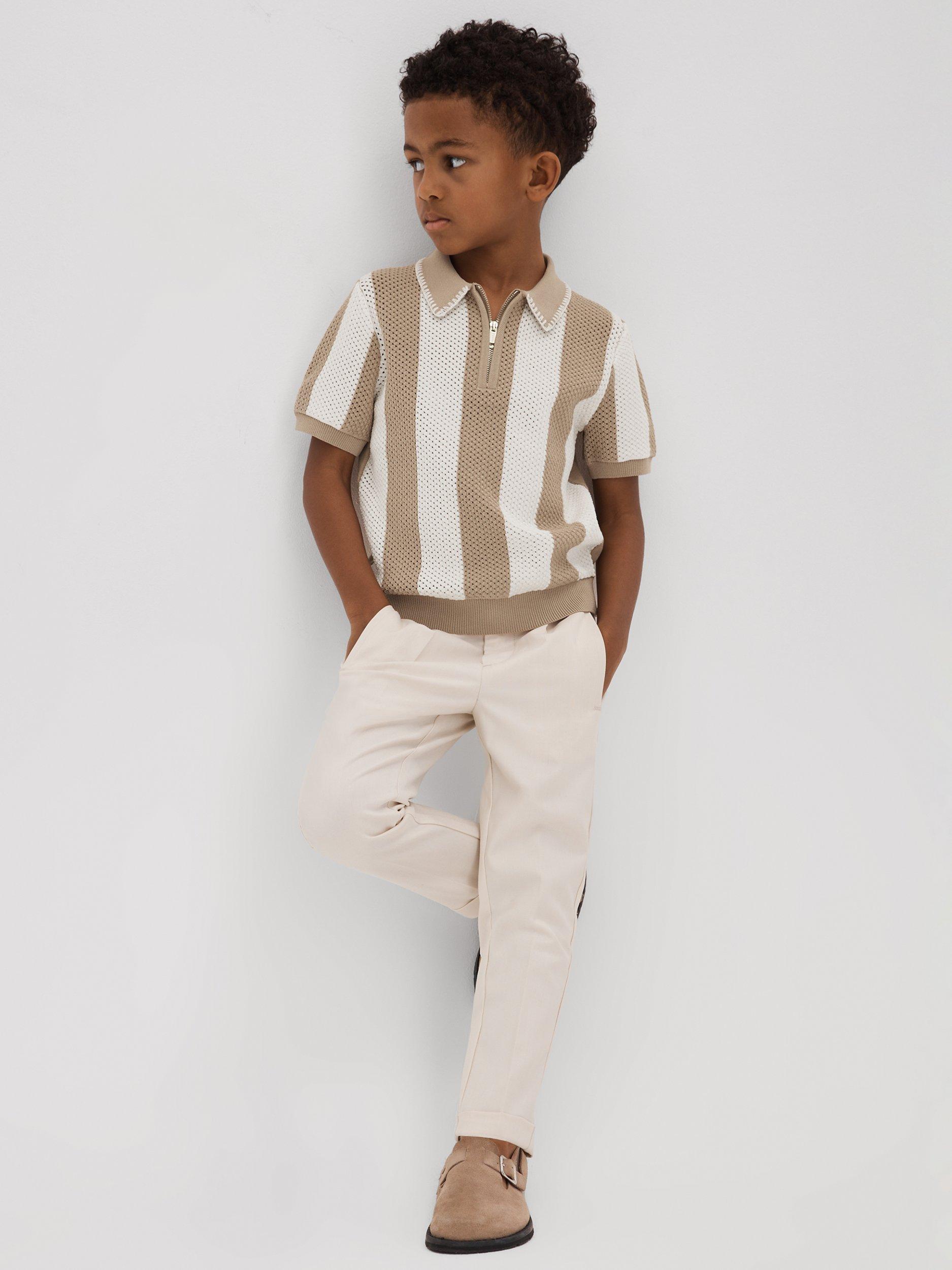 Reiss Kids' Paros Stripe Half Zip Short Sleeve Top, Taupe/Optic White