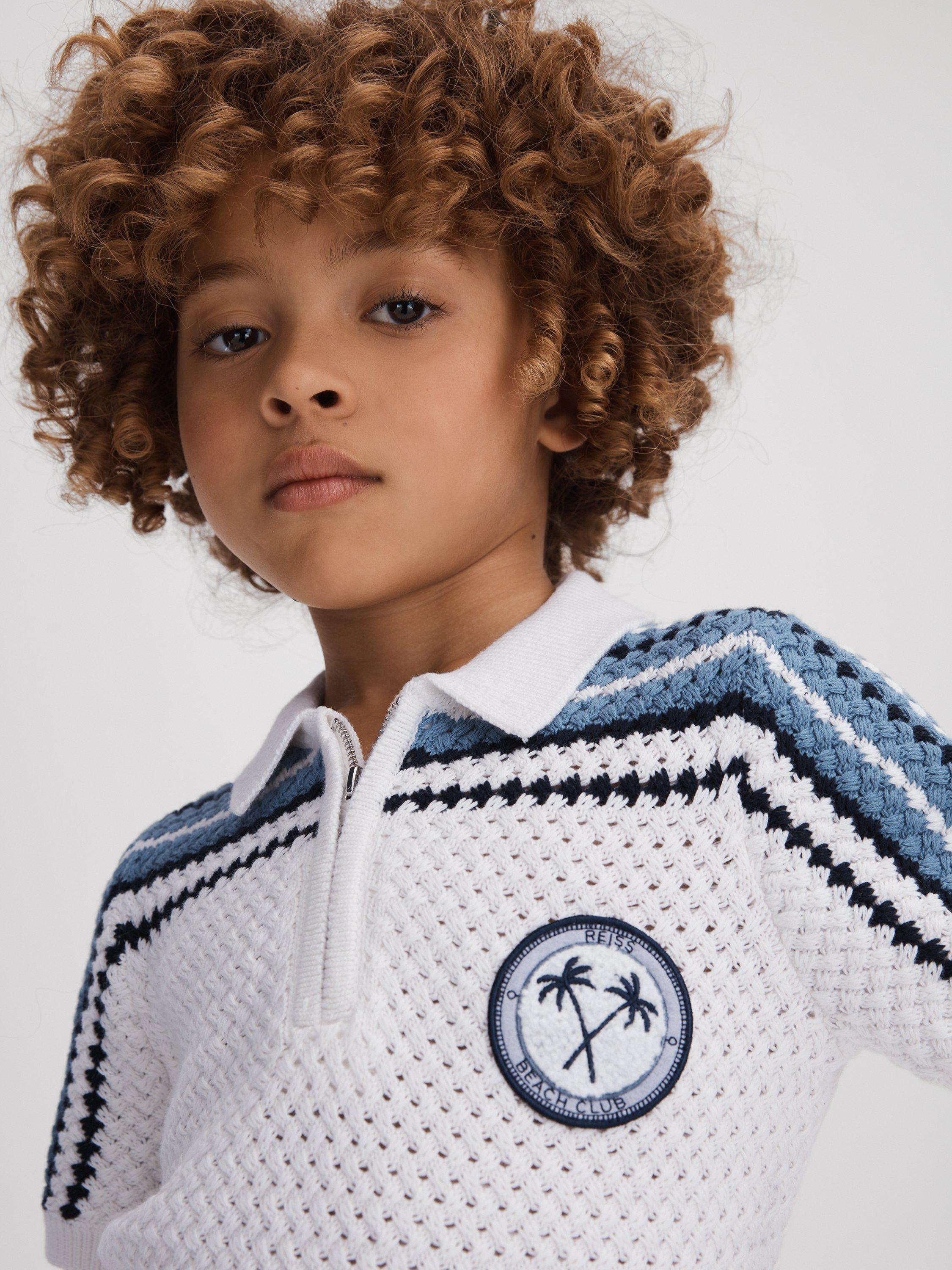 Reiss Kids' Stark Textured Cotton Half Zip Polo Shirt, Optic White
