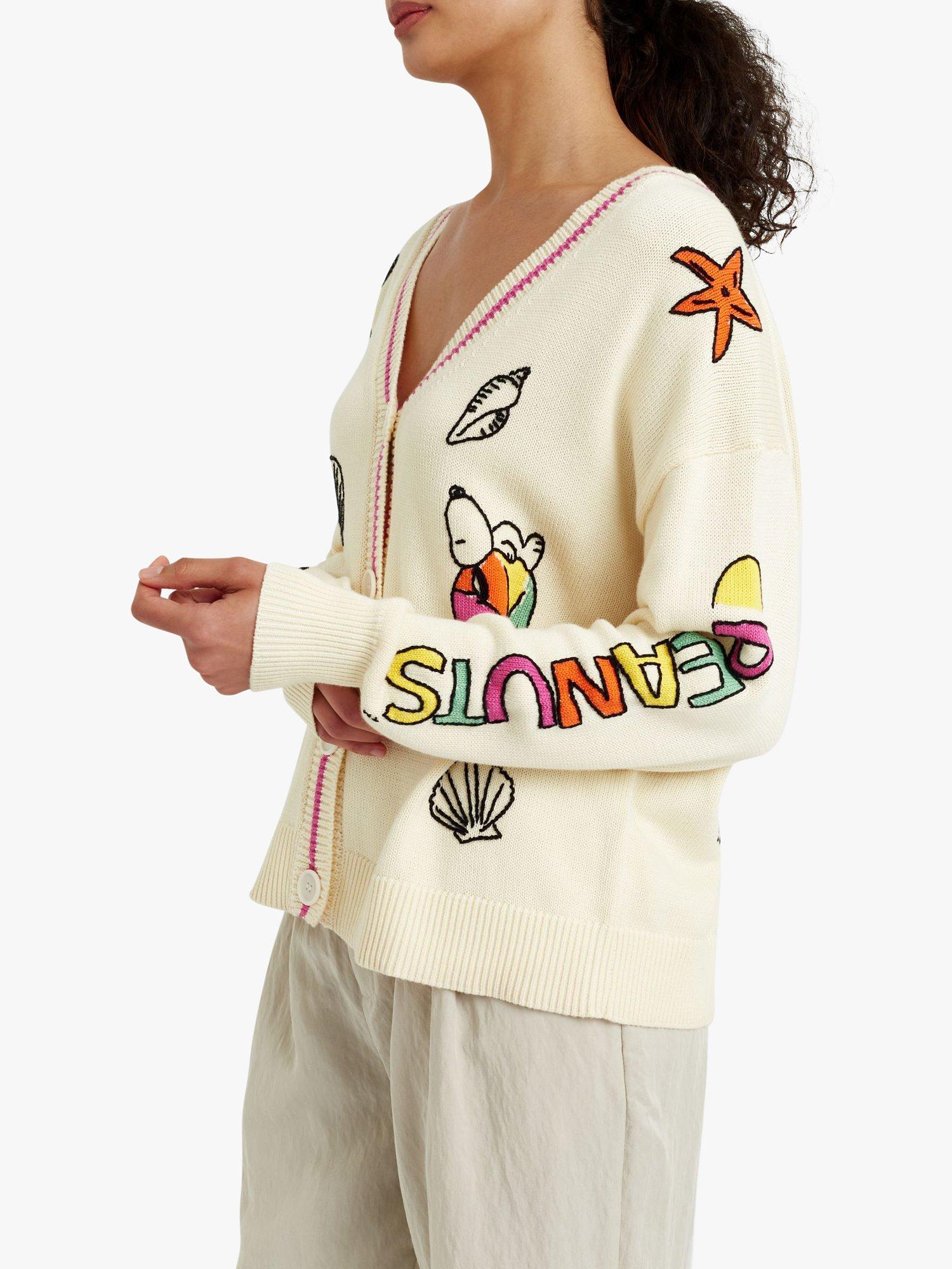 Product image 1 of 5, which shows Chinti & Parker Snoopy Beach Print Cardigan, Cream/Multi, XS
