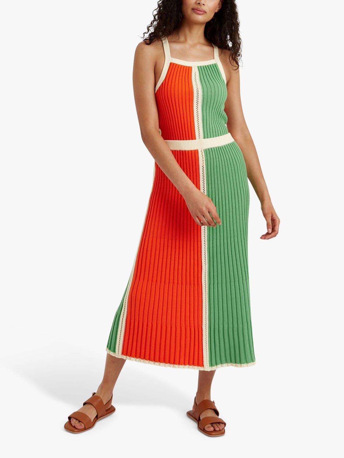 Chinti & Parker Cotton Riveria Colourblock Midi Skirt, Cream/Green/Orange, XS