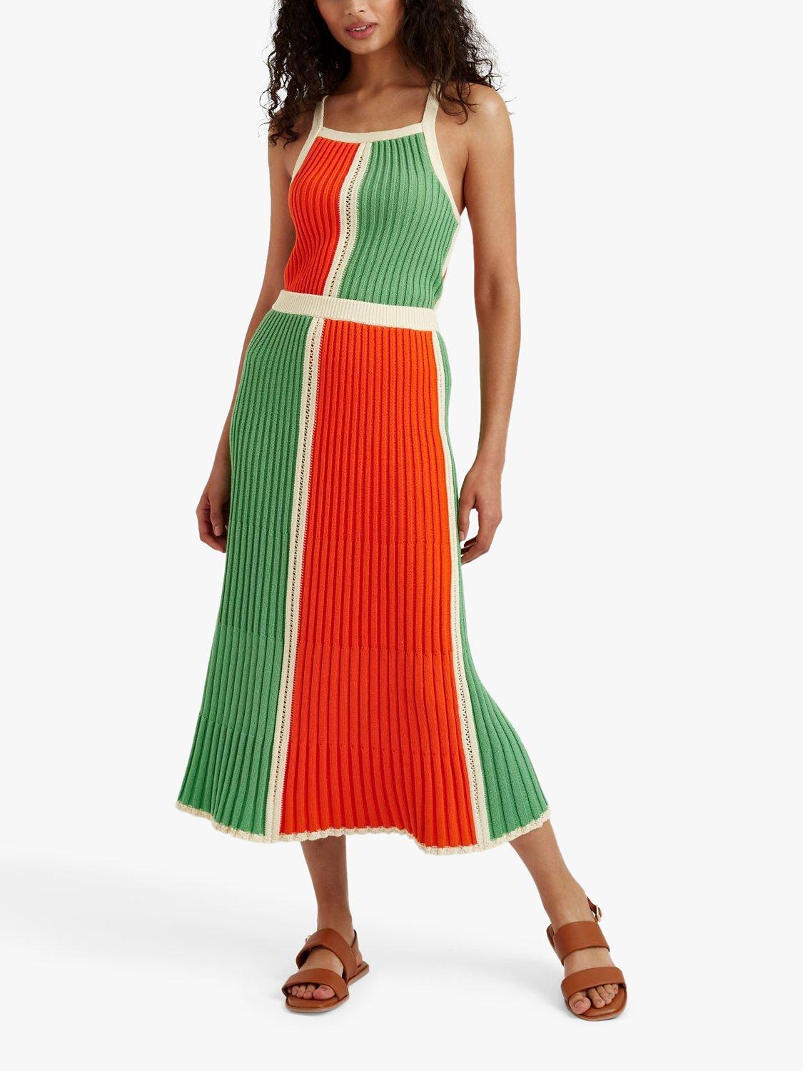 Chinti & Parker Cotton Riveria Colourblock Midi Skirt, Cream/Green/Orange, XS