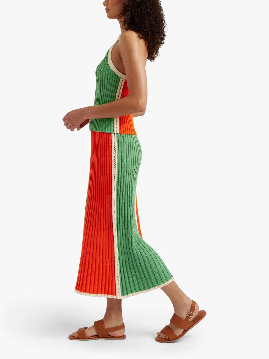 Chinti & Parker Cotton Riveria Colourblock Midi Skirt, Cream/Green/Orange, XS