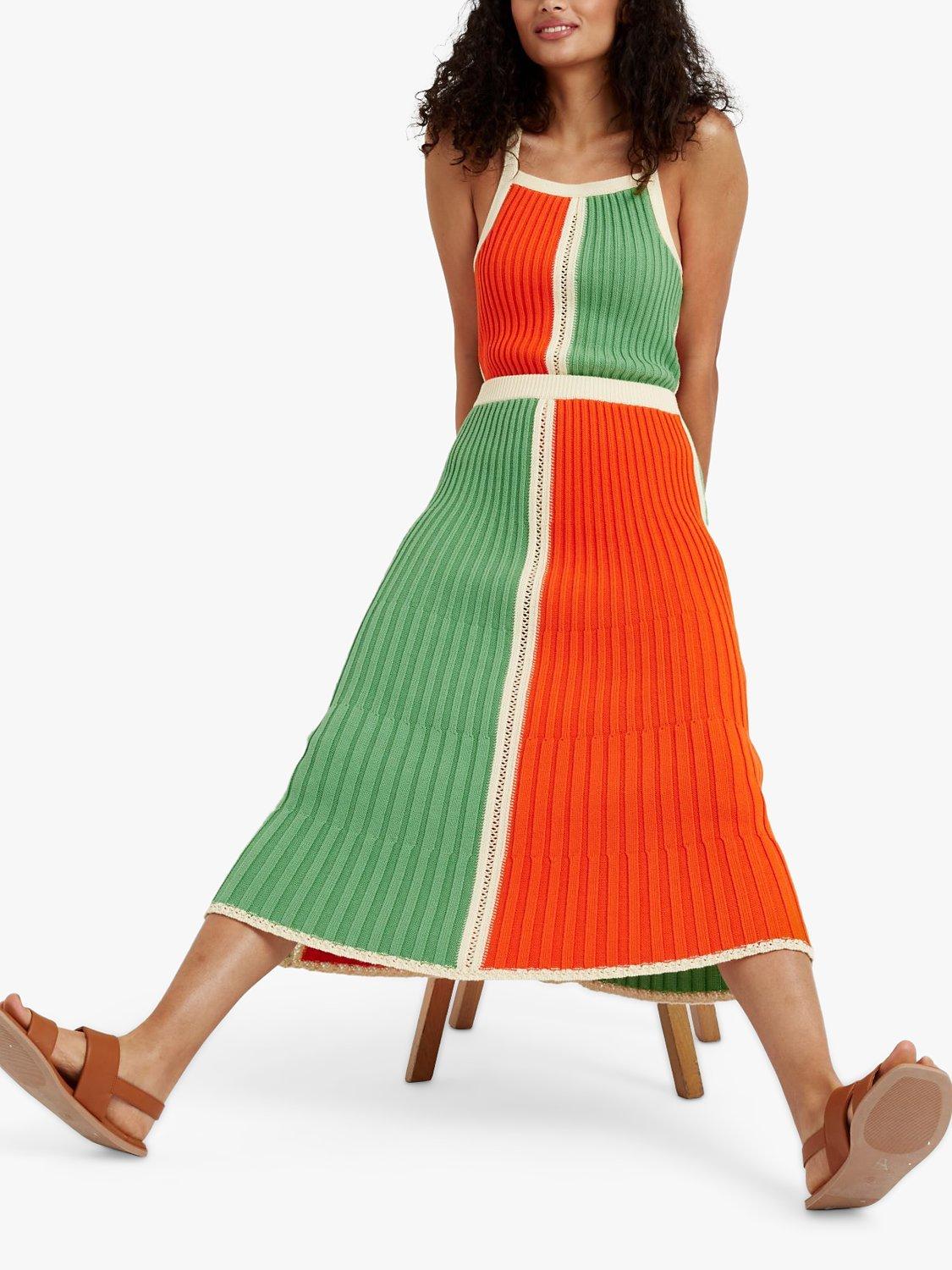 Product image 4 of 5, which shows Chinti & Parker Cotton Riveria Colourblock Midi Skirt, Cream/Green/Orange, XS