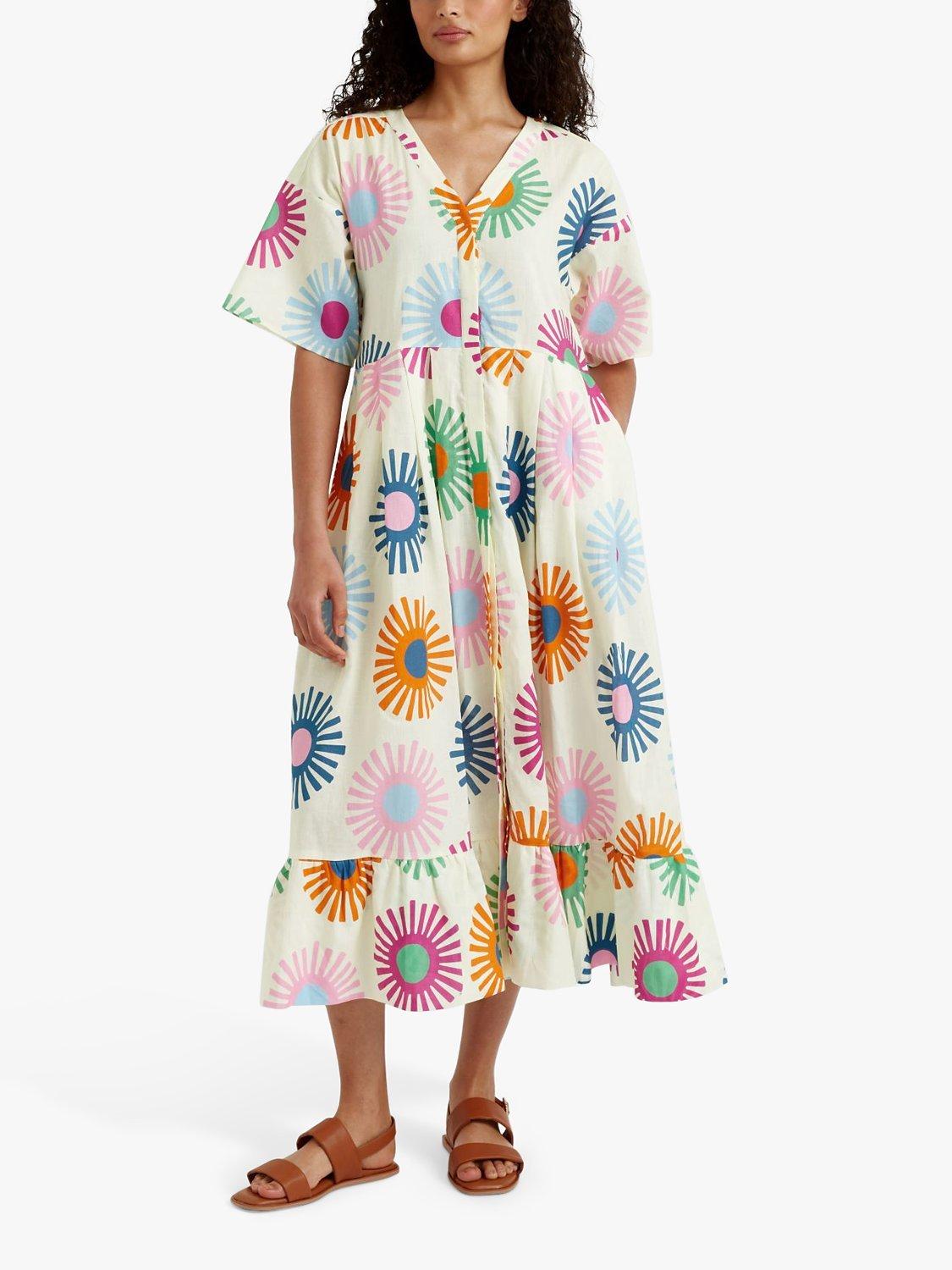 Product image 1 of 5, which shows Chinti & Parker Soleil Linen Blend Midi Dress, Cream/Multi, 6
