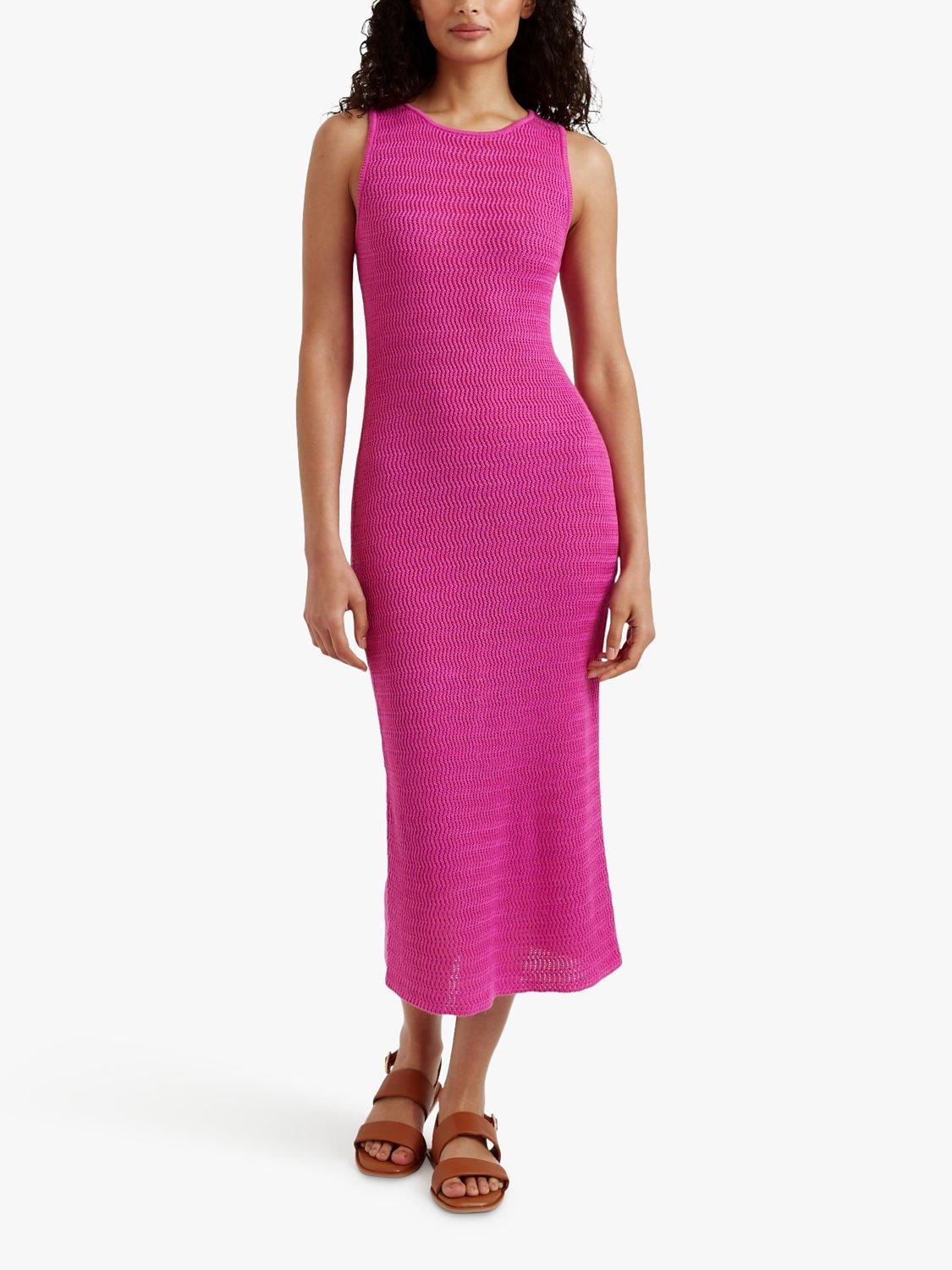 Product image 1 of 3, which shows Chinti & Parker Ibiza Crotchet Linen Blend Midi Dress, Berry Pink, XS