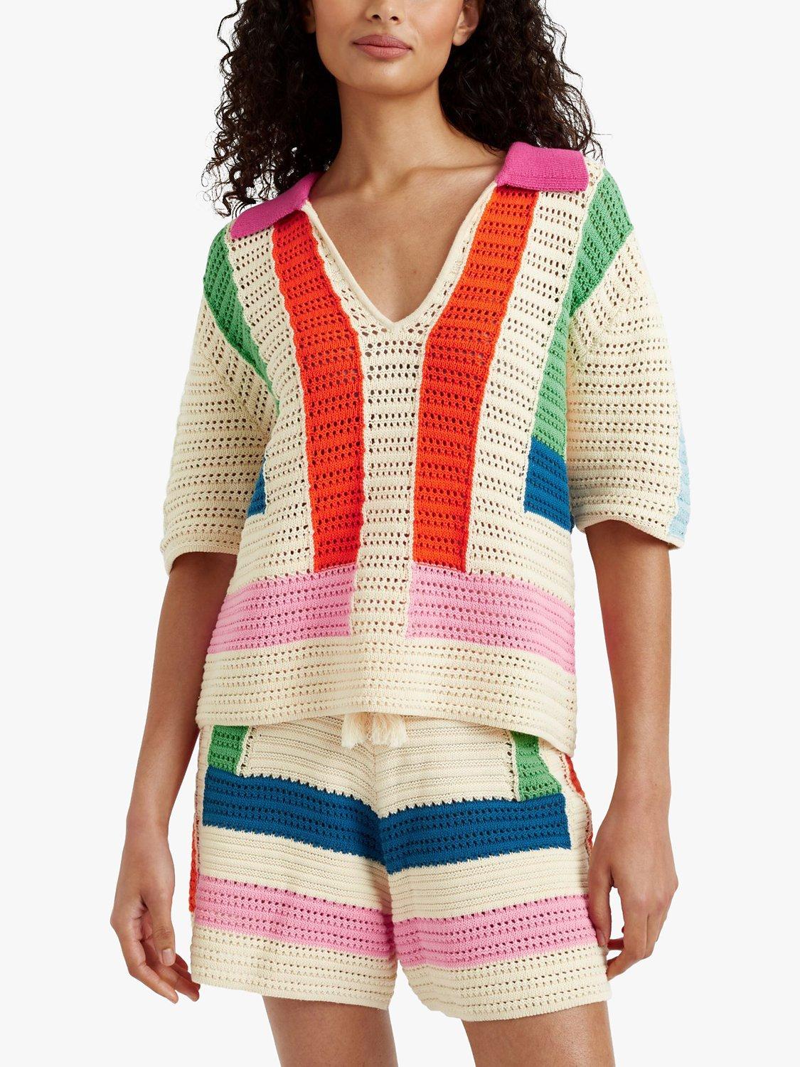 Product image 1 of 5, which shows Chinti & Parker Crochet Stitch Stripe Shirt Jumper, Cream/Multi, XS