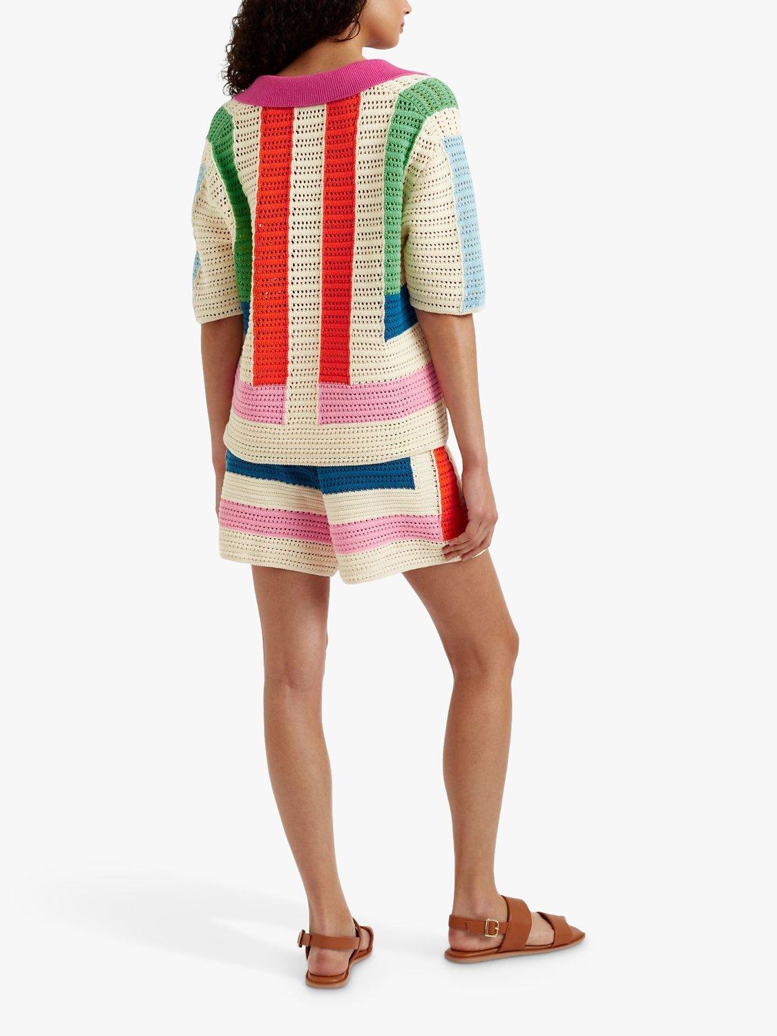 Product image 2 of 5, which shows Chinti & Parker Crochet Stitch Stripe Shirt Jumper, Cream/Multi, XS