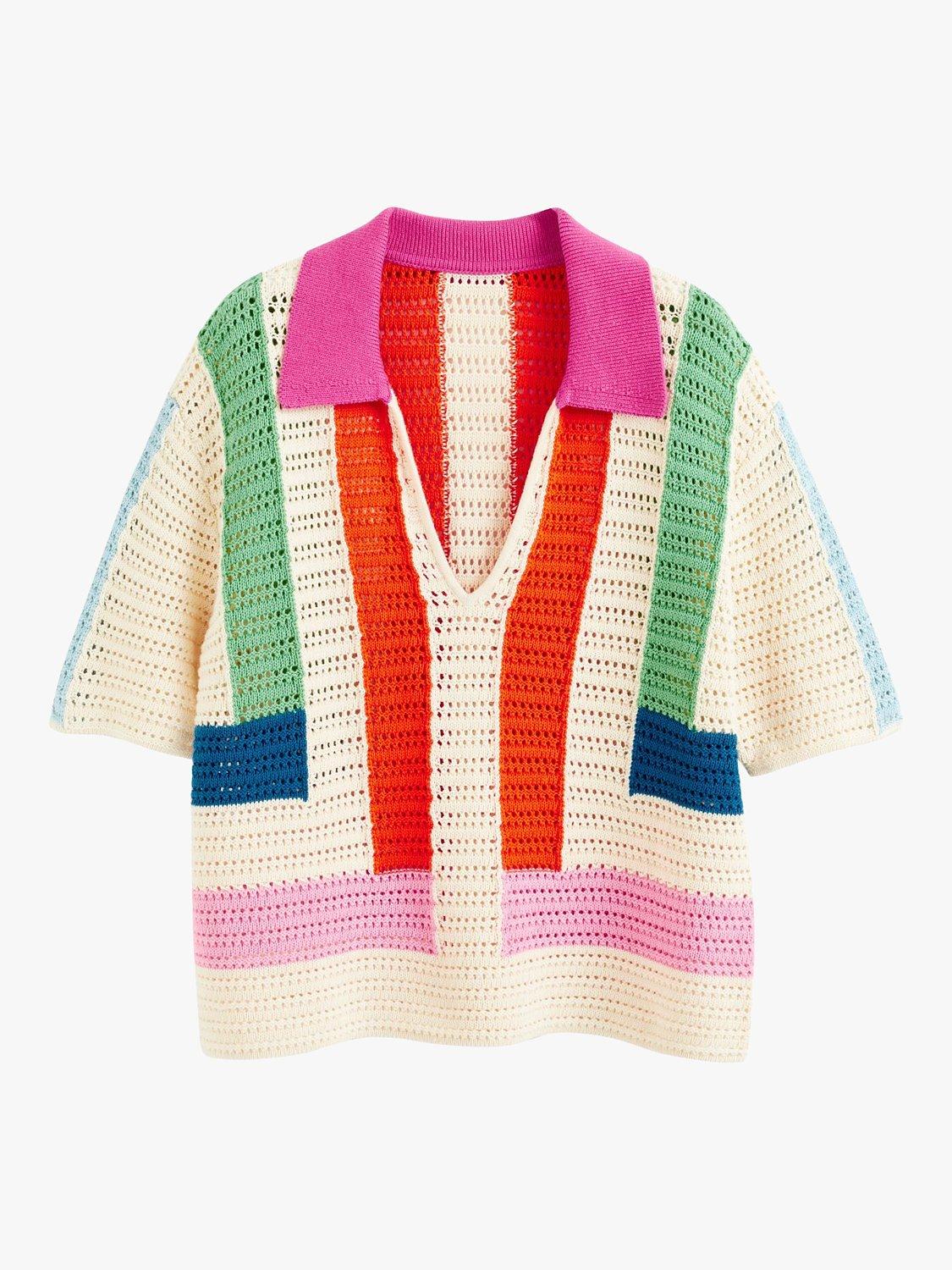 Product image 3 of 5, which shows Chinti & Parker Crochet Stitch Stripe Shirt Jumper, Cream/Multi, XS