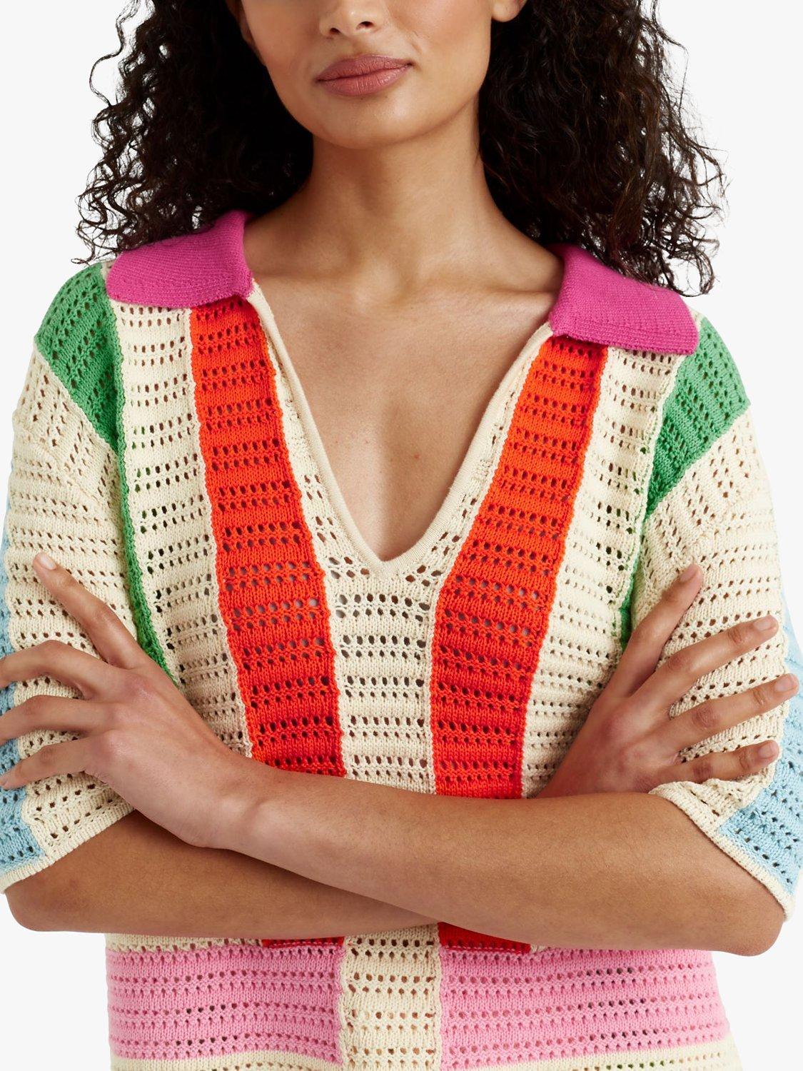Product image 4 of 5, which shows Chinti & Parker Crochet Stitch Stripe Shirt Jumper, Cream/Multi, XS