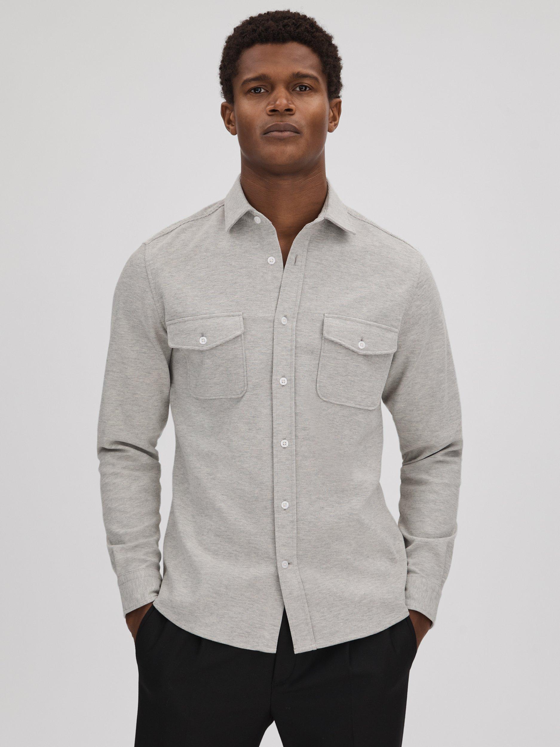 Reiss Ragan Long Sleeve Jersey Textured Shirt, Soft Grey